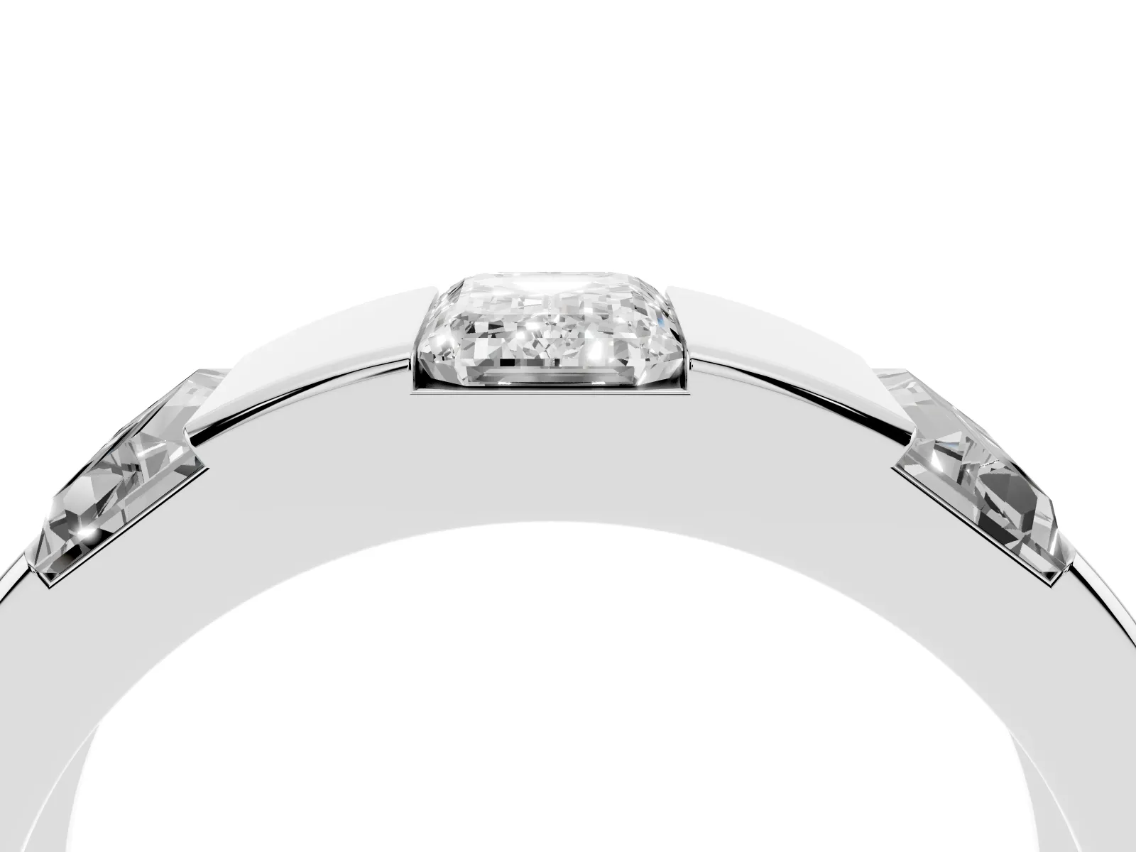 Emerald Cut Diamond Three-Stone Mens Ring with Baguette Side Stones White gold