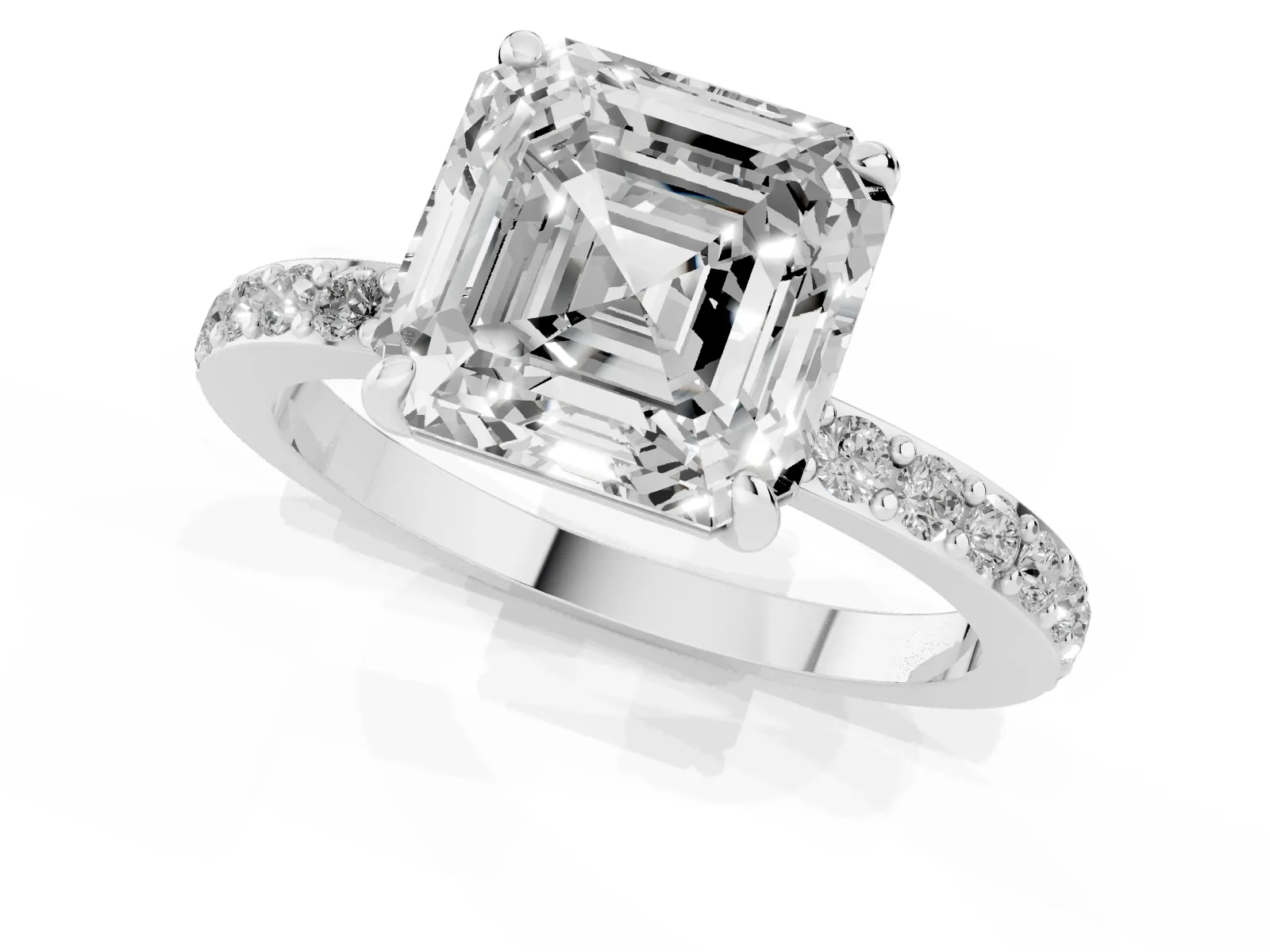 Asscher Cut Diamond Solitaire Engagement Ring with Pavé Band and Four-Prong Setting White gold