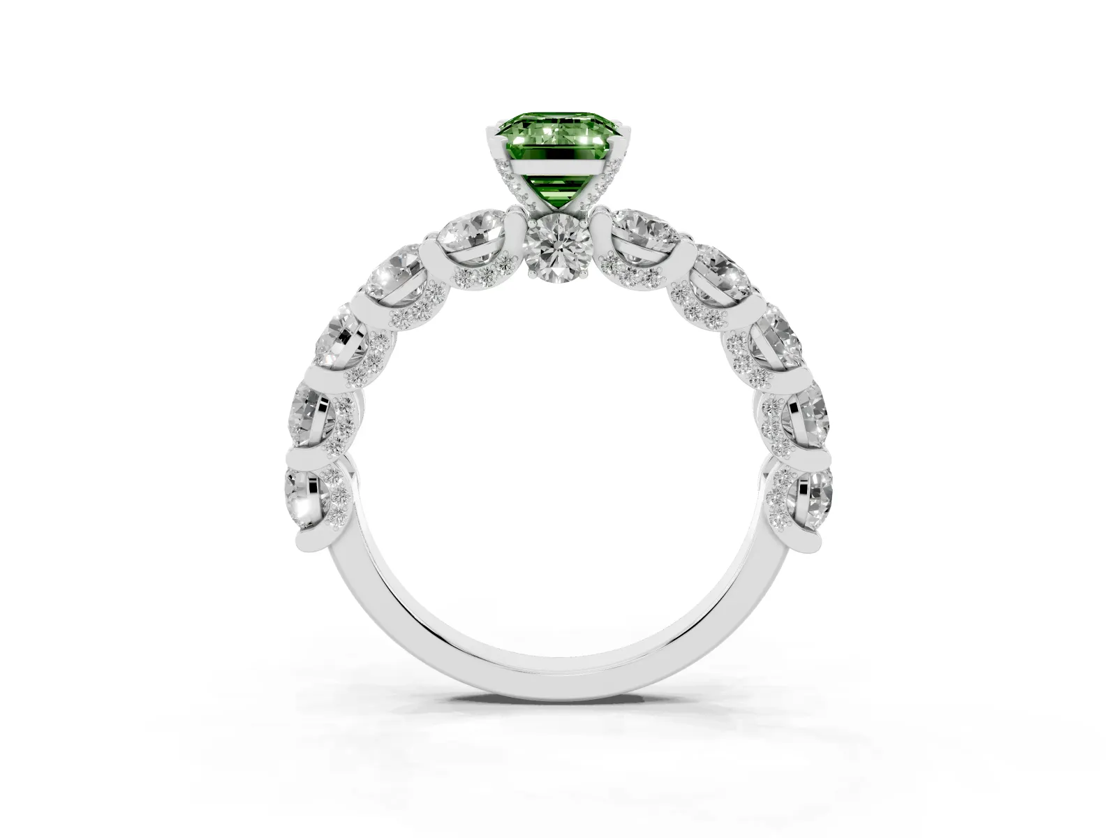 Fancy Green Emerald Cut Diamond Side Stone Engagement Ring with Four-Prong Setting White gold