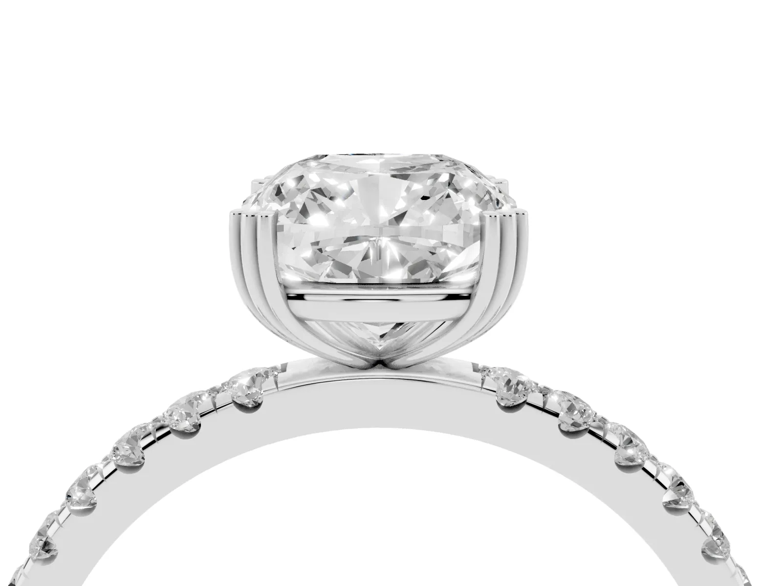 Cushion Cut Brilliant Solitaire with Pavé Band and Claw Prong Setting Silver