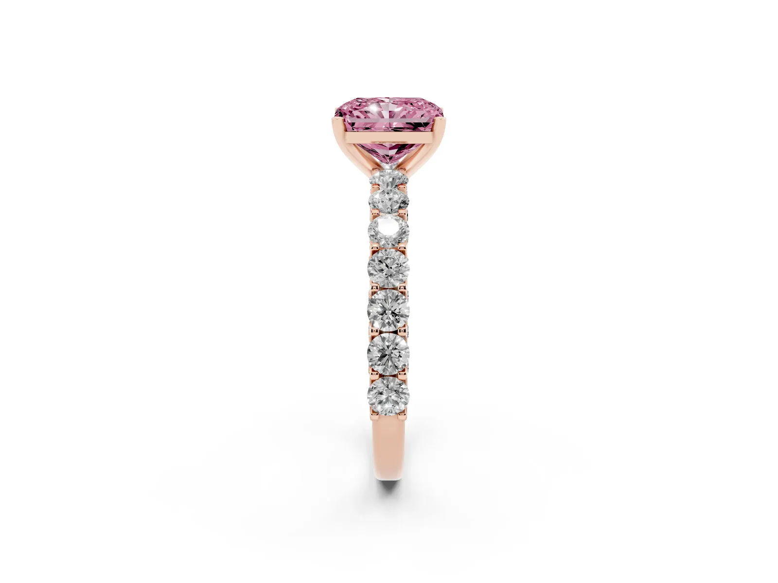 Fancy Pink Radiant Cut Diamond Solitaire Ring with Shared Prong Pavé Band and Four-Prong Setting Rose gold