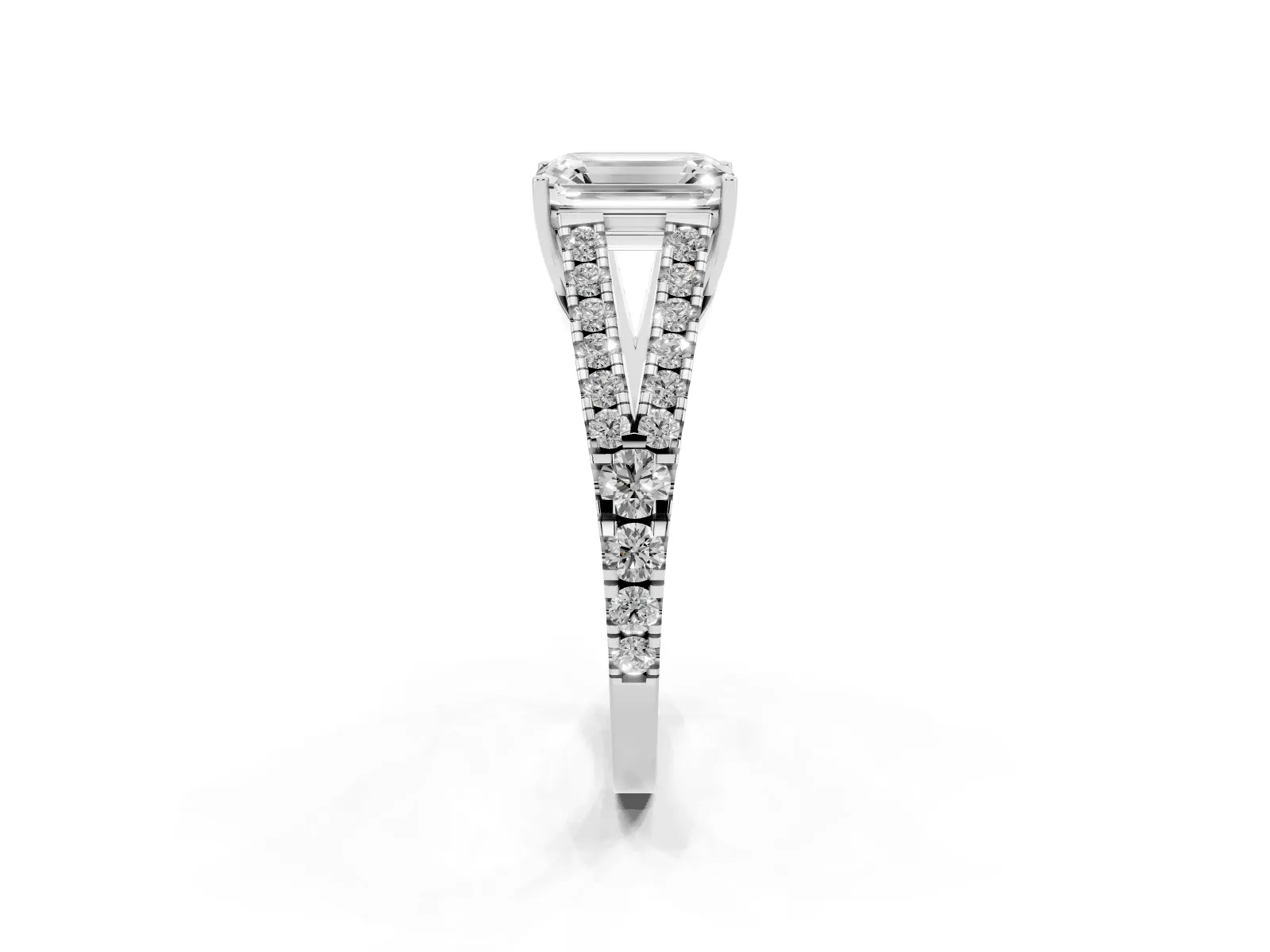 Emerald Cut Diamond Split Shank Engagement Ring with Round Pavé and Prong Setting White gold