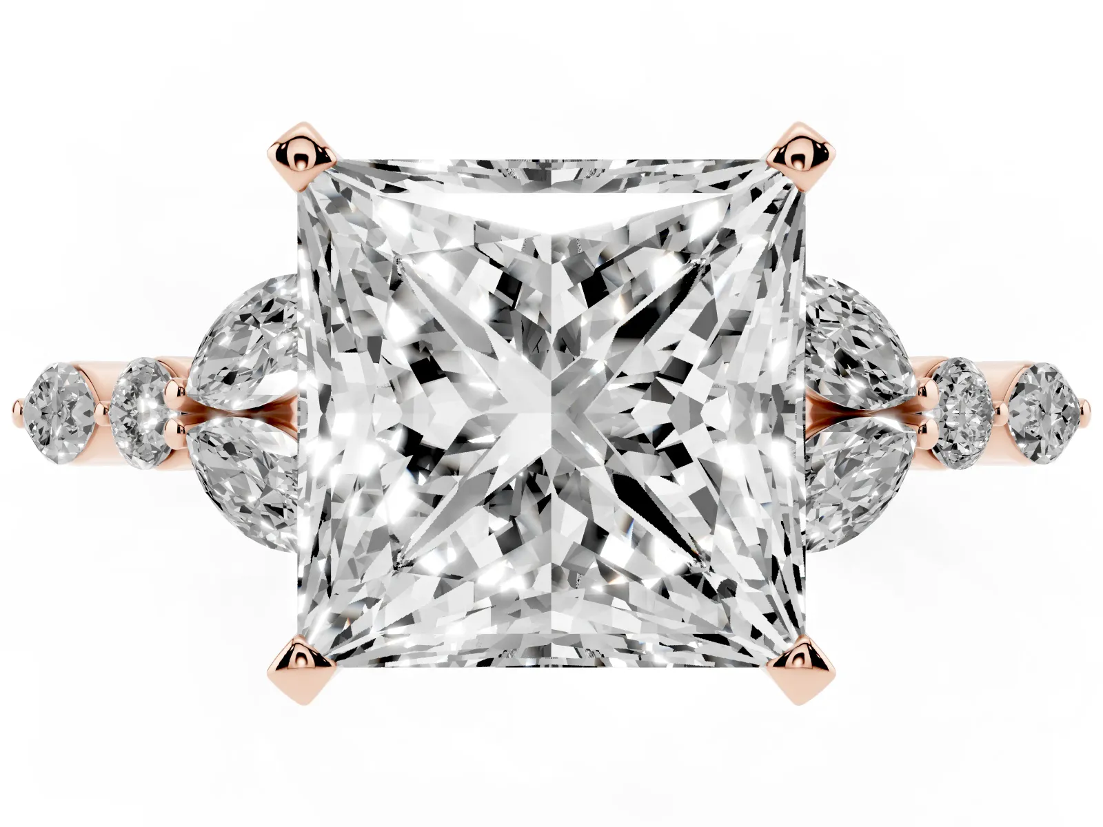 Princess Cut Diamond Solitaire Ring with Side Stones and Four-Prong Setting Rose gold