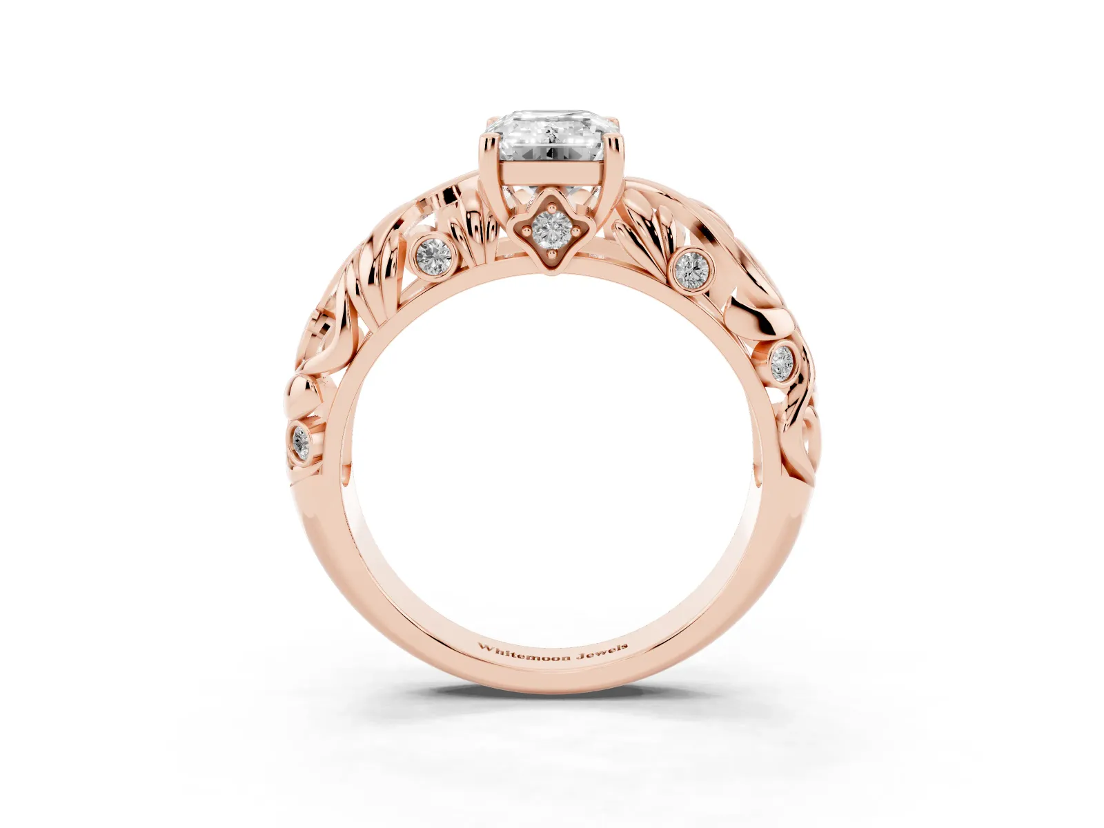Emerald Cut Solitaire Diamond Leaf-Inspired Vine Band Ring with Prong Setting Rose gold