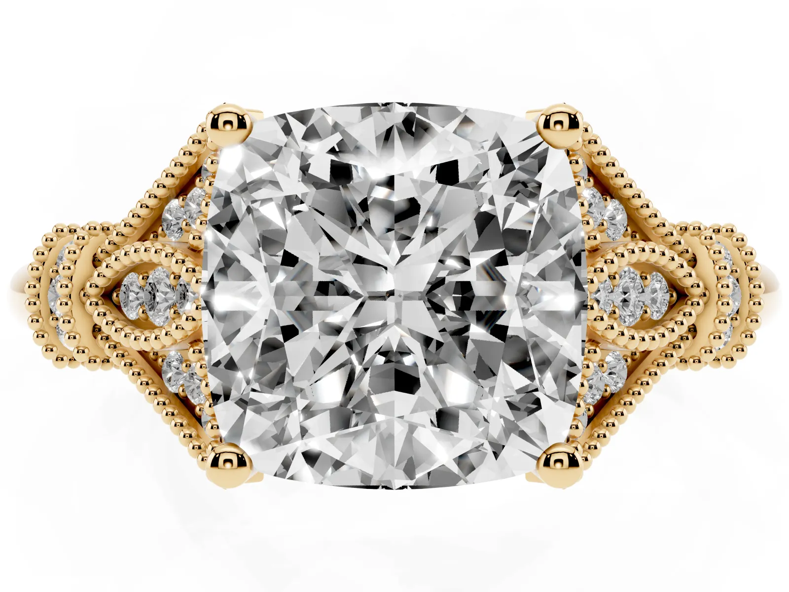 Cushion Cut Diamond Solitaire Ring with Floral Filigree and Pave Accents Yellow gold