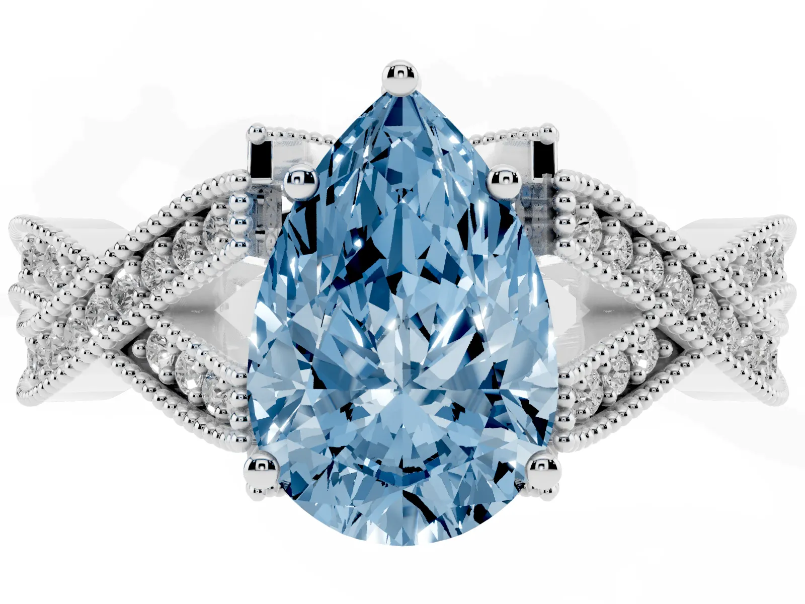 Fancy Blue Pear Cut Cut Diamond Twisted Band with Milgrain Pave Setting and Four-Prong Setting Platinum
