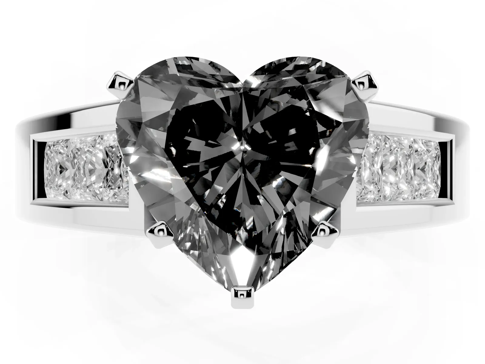 Fancy Black Heart Cut Cut Channel Set Solitaire Ring with Four-Prong Setting White gold