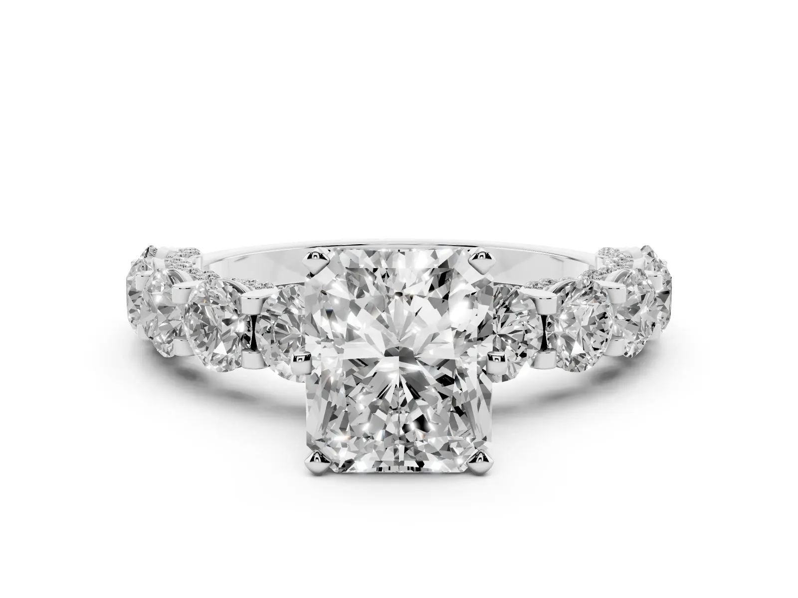 Radiant Cut Diamond Side Stone Engagement Ring with Four-Prong Setting Silver