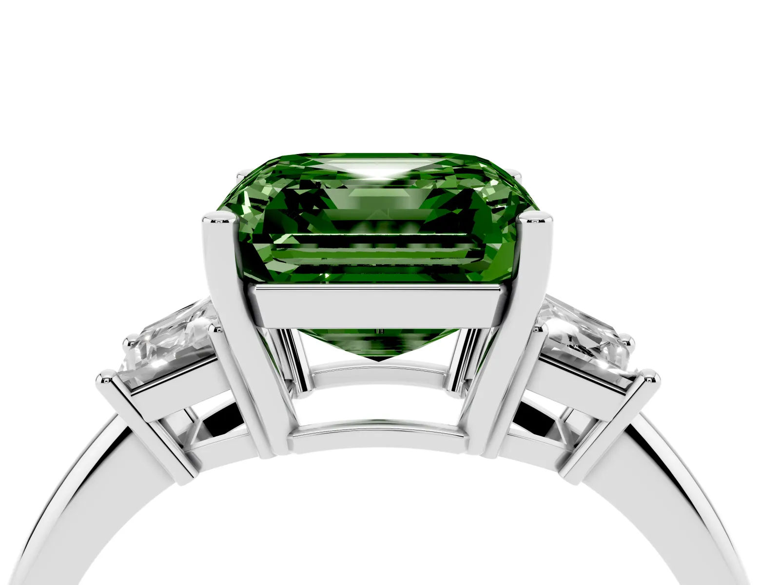 Fancy Green Asscher Cut Diamond Three-Stone Ring with Trapezoid Side Stones and Prong Setting White gold