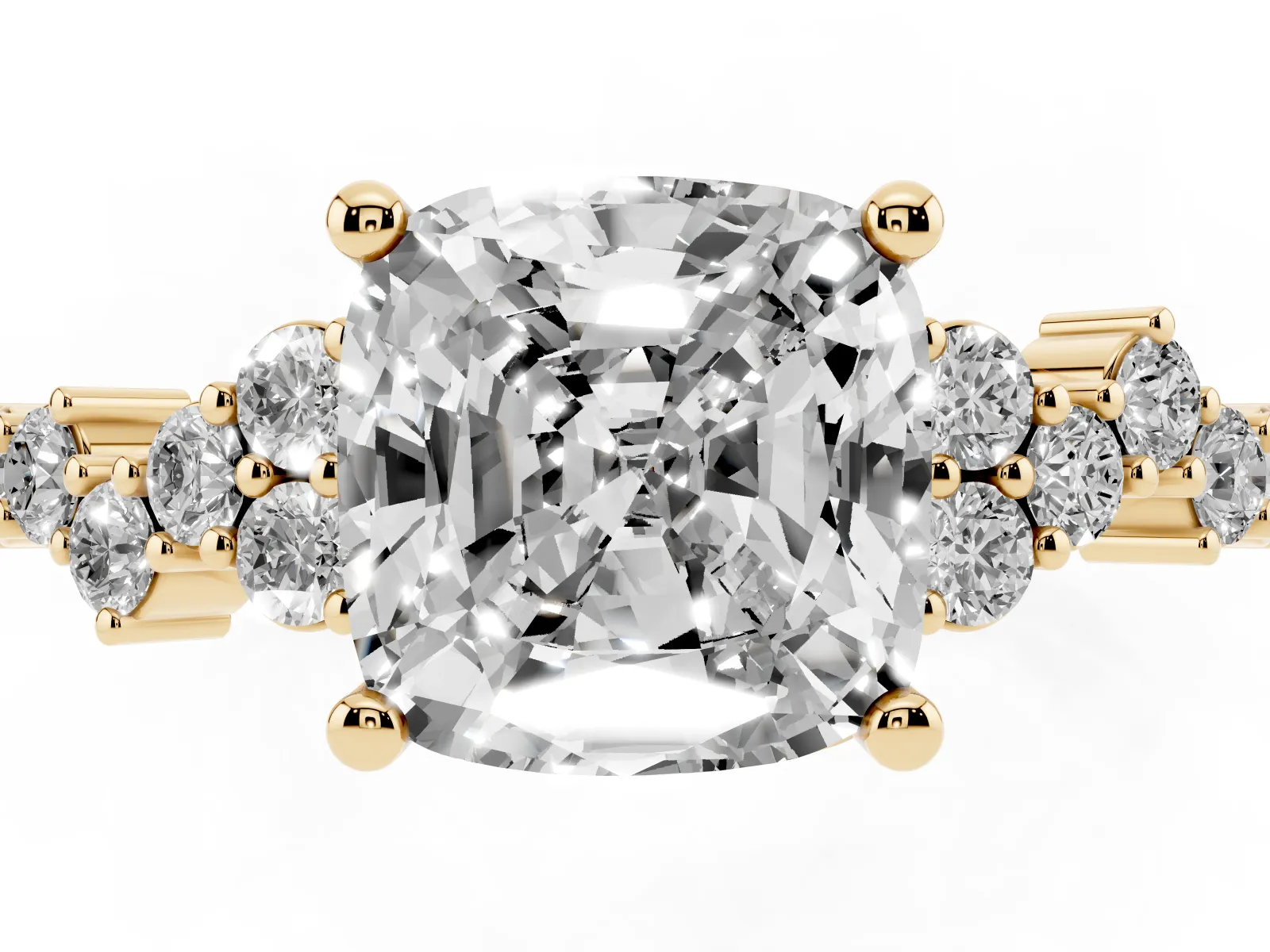 Cushion Cut Diamond Scattered Round Accent Ring with Prong Setting Yellow gold