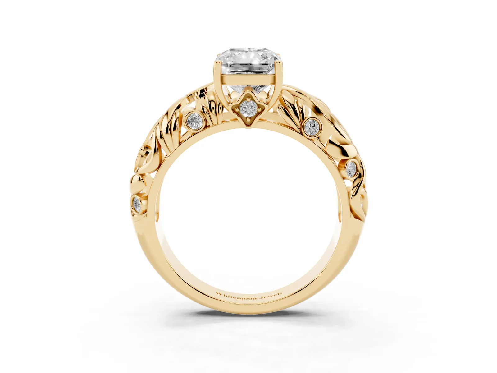 Radiant Cut Solitaire Diamond Leaf-Inspired Vine Band Ring with Prong Setting Yellow gold