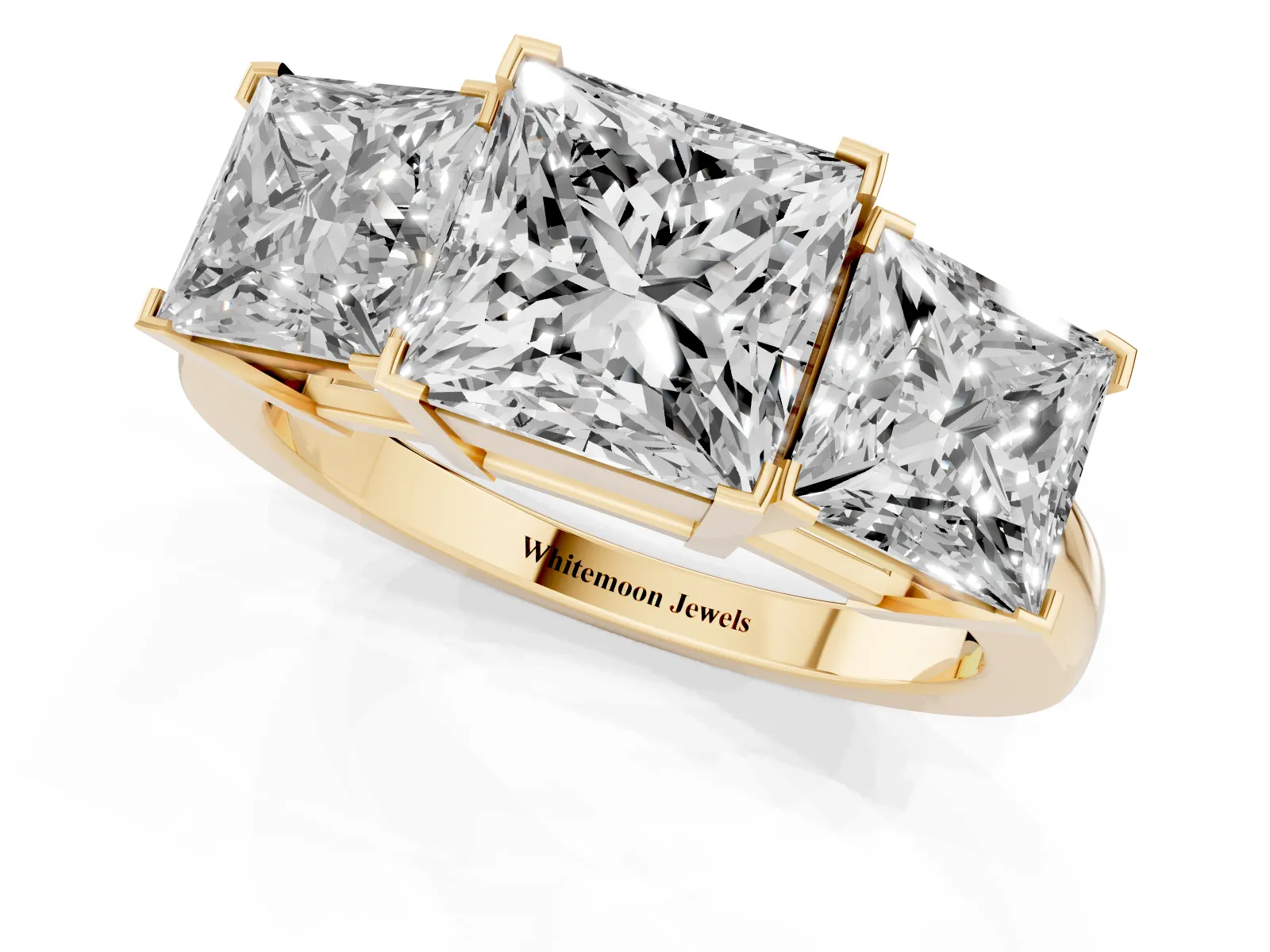 Three-Stone Princess Cut Cut Diamond Ring with Channel Set Band and Four-Prong Setting Yellow gold