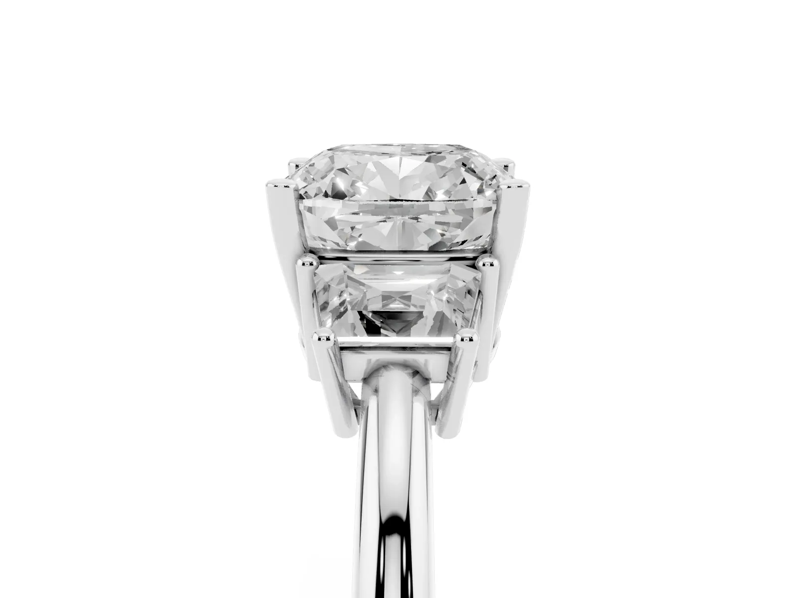 Cushion Cut Diamond Three-Stone Ring with Trapezoid Side Stones and Prong Setting Platinum