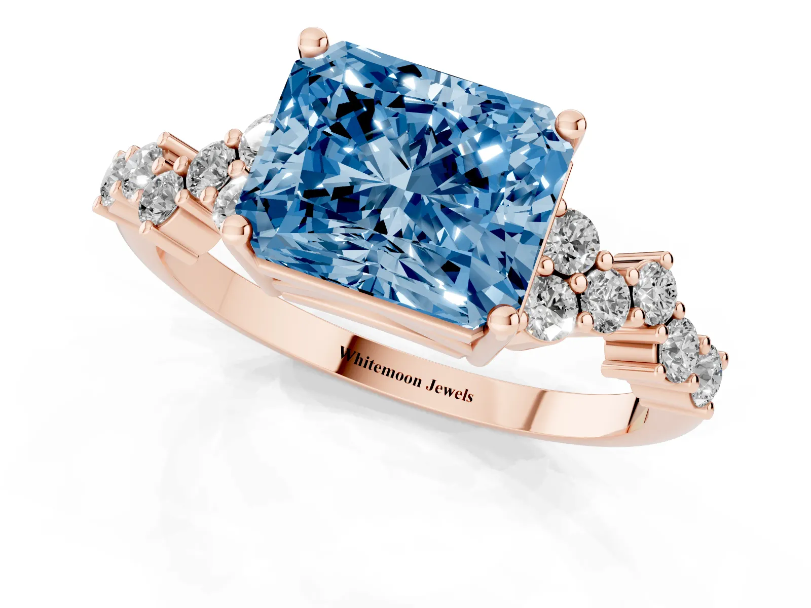 Fancy Blue Radiant Cut Diamond Scattered Round Accent Ring with Prong Setting Rose gold