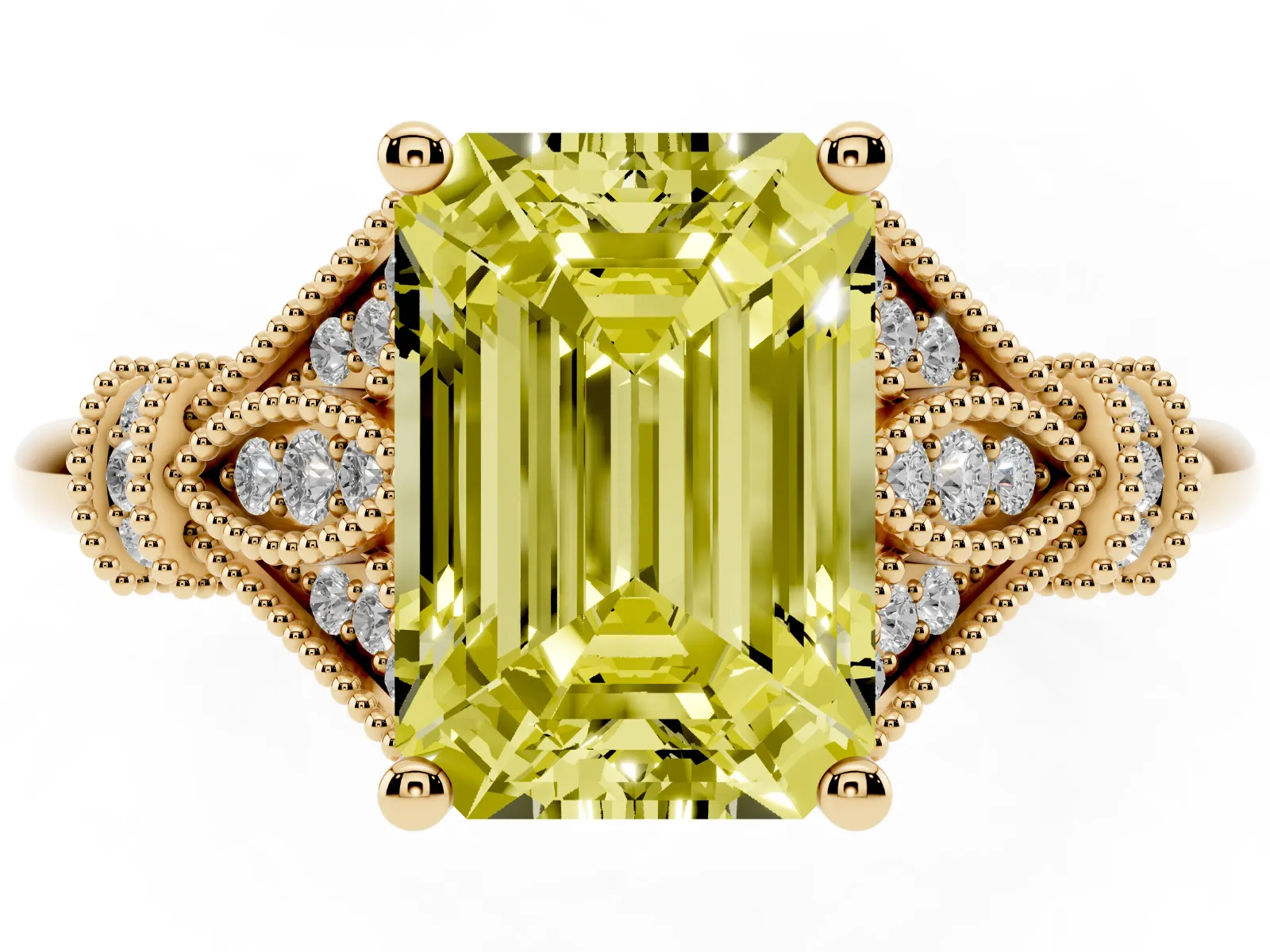 Fancy Yellow Emerald Cut Diamond Solitaire Ring with Floral Filigree and Pave Accents Yellow gold