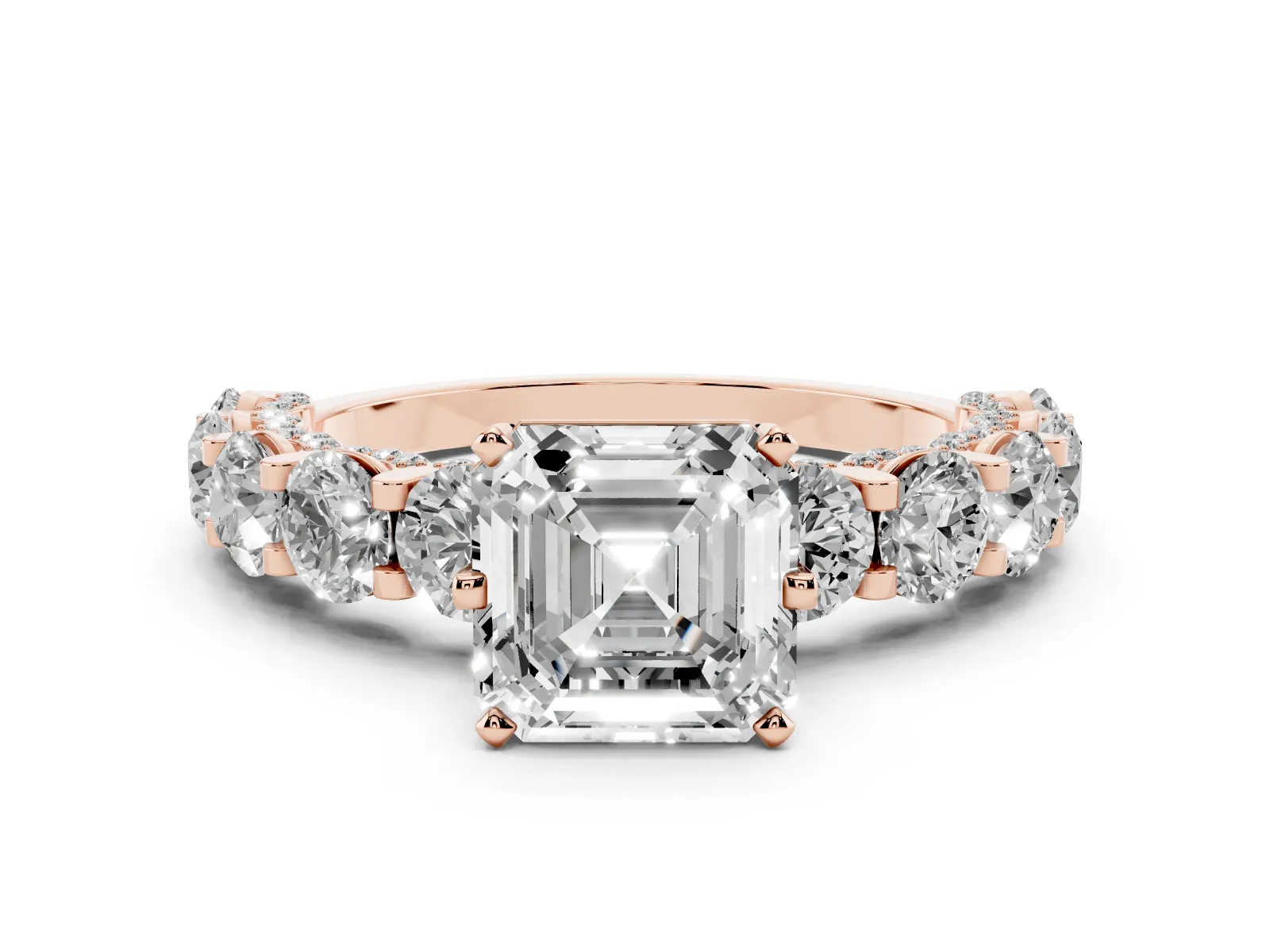 Asscher Cut Diamond Side Stone Engagement Ring with Four-Prong Setting Rose gold