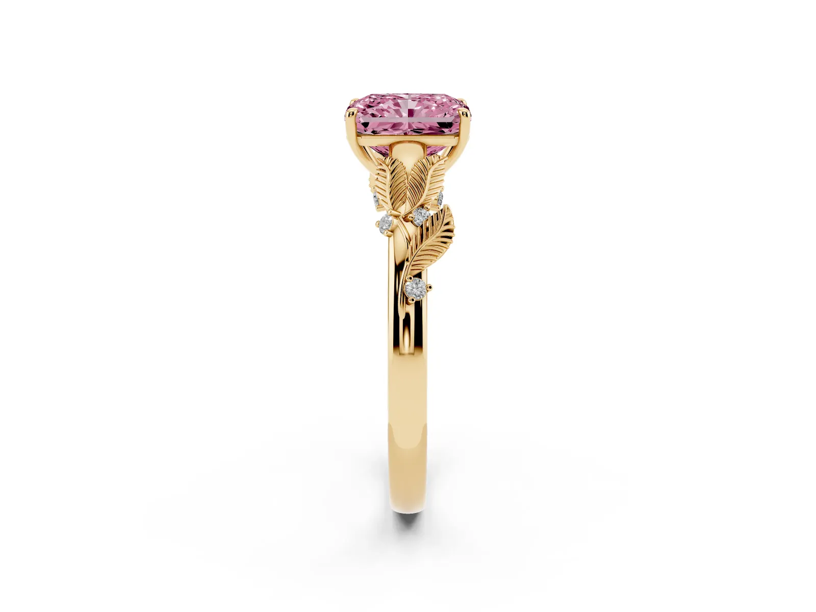 Fancy Pink Radiant Cut Diamond Solitaire Ring with Leaf Motif Band and Four-Prong Setting Yellow gold