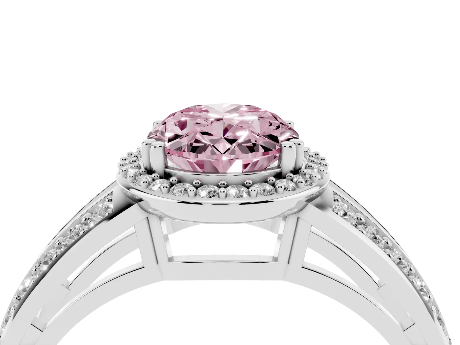 Fancy Pink Oval Cut Diamond Halo Ring with Split Shank Pavé Band and Four-Prong Setting White gold