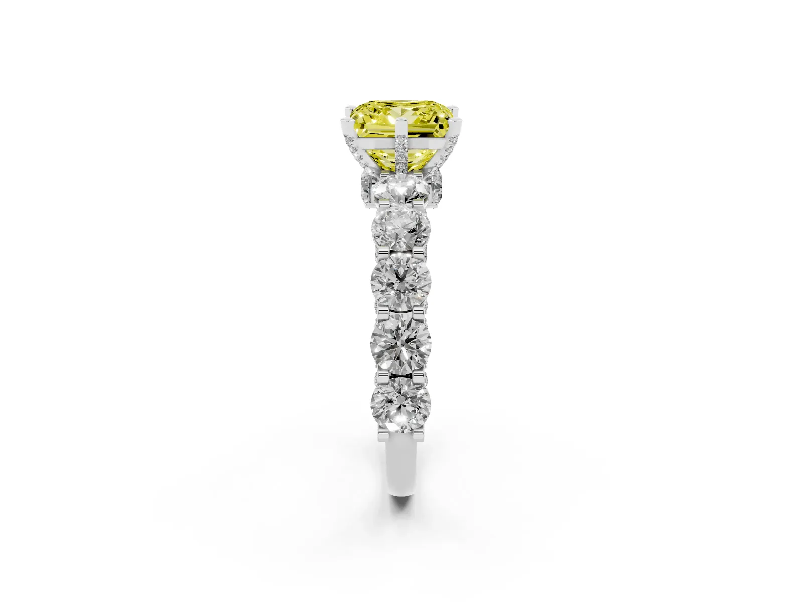 Fancy Yellow Princess Cut Diamond Side Stone Engagement Ring with Four-Prong Setting Platinum