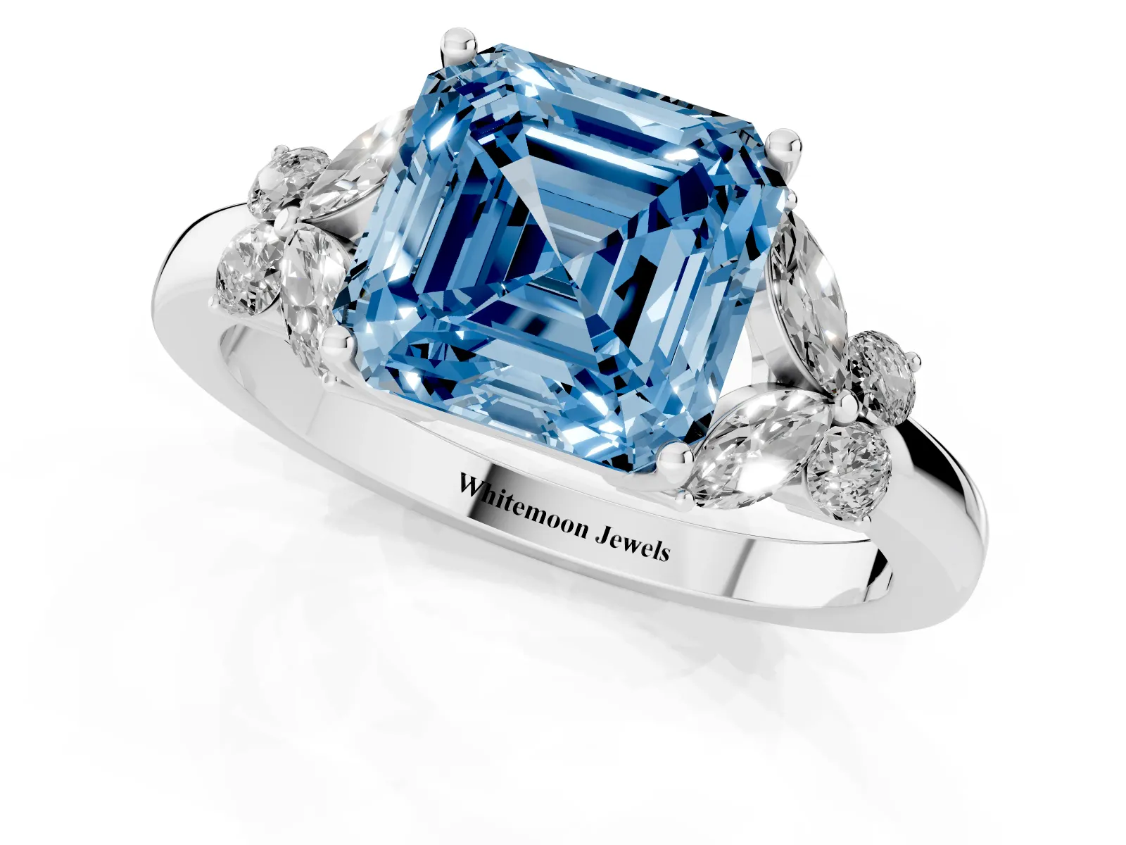 Fancy Blue Asscher Cut Cut Solitaire Floral Diamond Ring with Four-Prong Setting Platinum