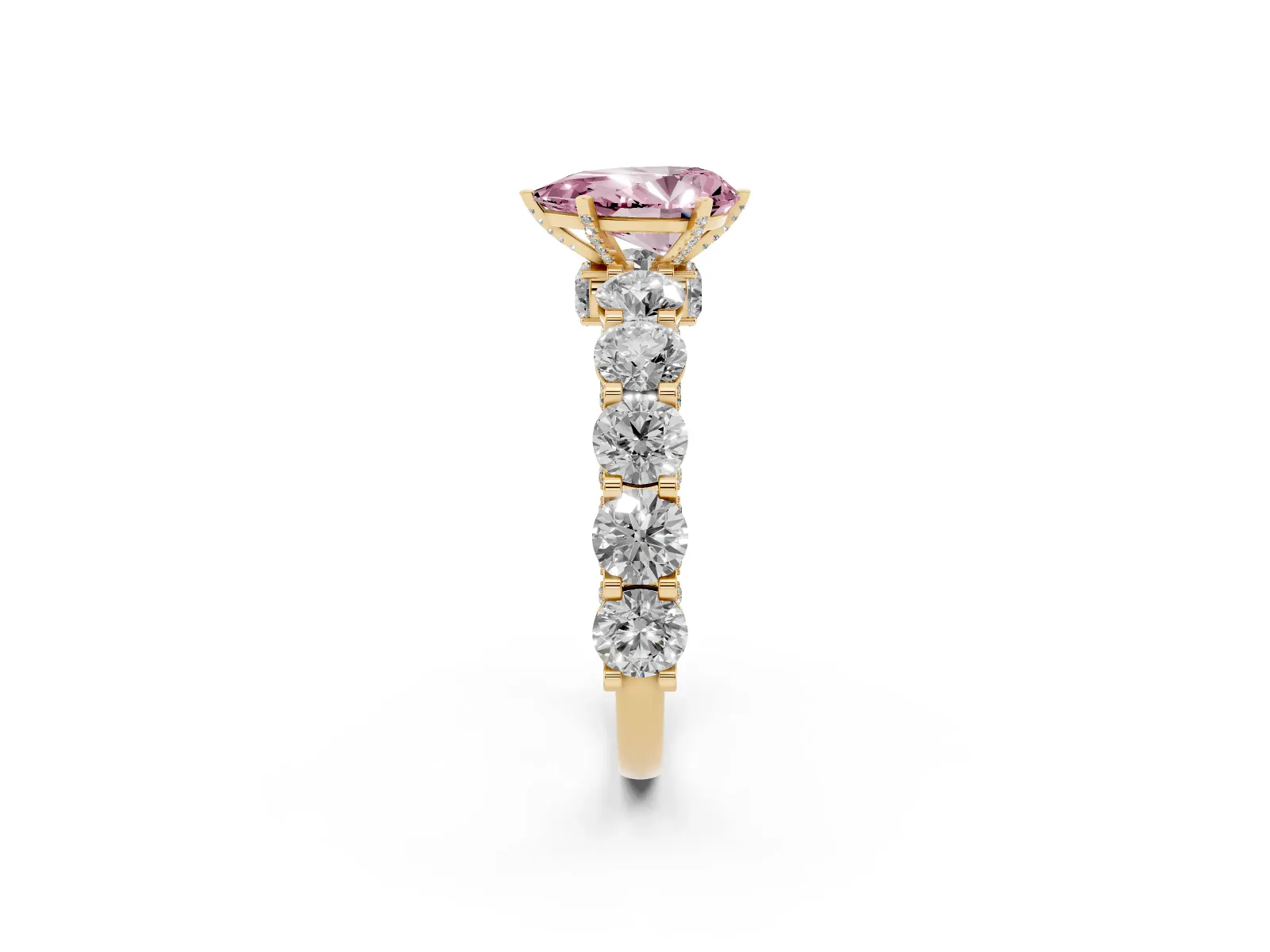 Fancy Pink Pear Cut Diamond Side Stone Engagement Ring with Four-Prong Setting Yellow gold