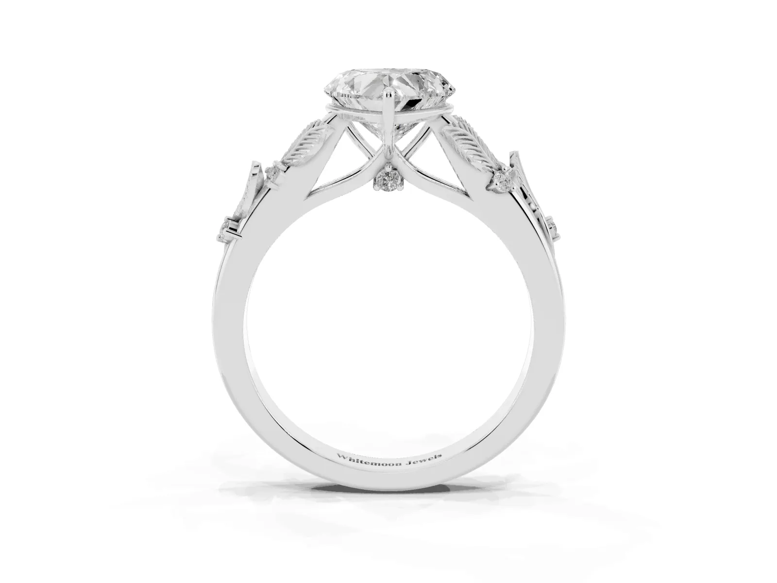 Heart Cut Diamond Solitaire Ring with Leaf Motif Band and Four-Prong Setting Platinum