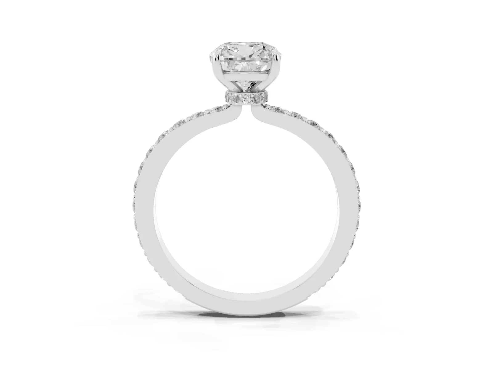 Cushion Cut Diamond Solitaire Engagement Ring with Pavé Band and Four-Prong Setting White gold