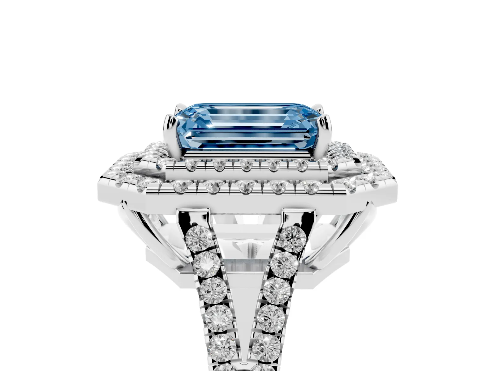 Fancy Blue Emerald Cut Diamond Double Halo Ring with Pavé Band and Prong Setting Platinum