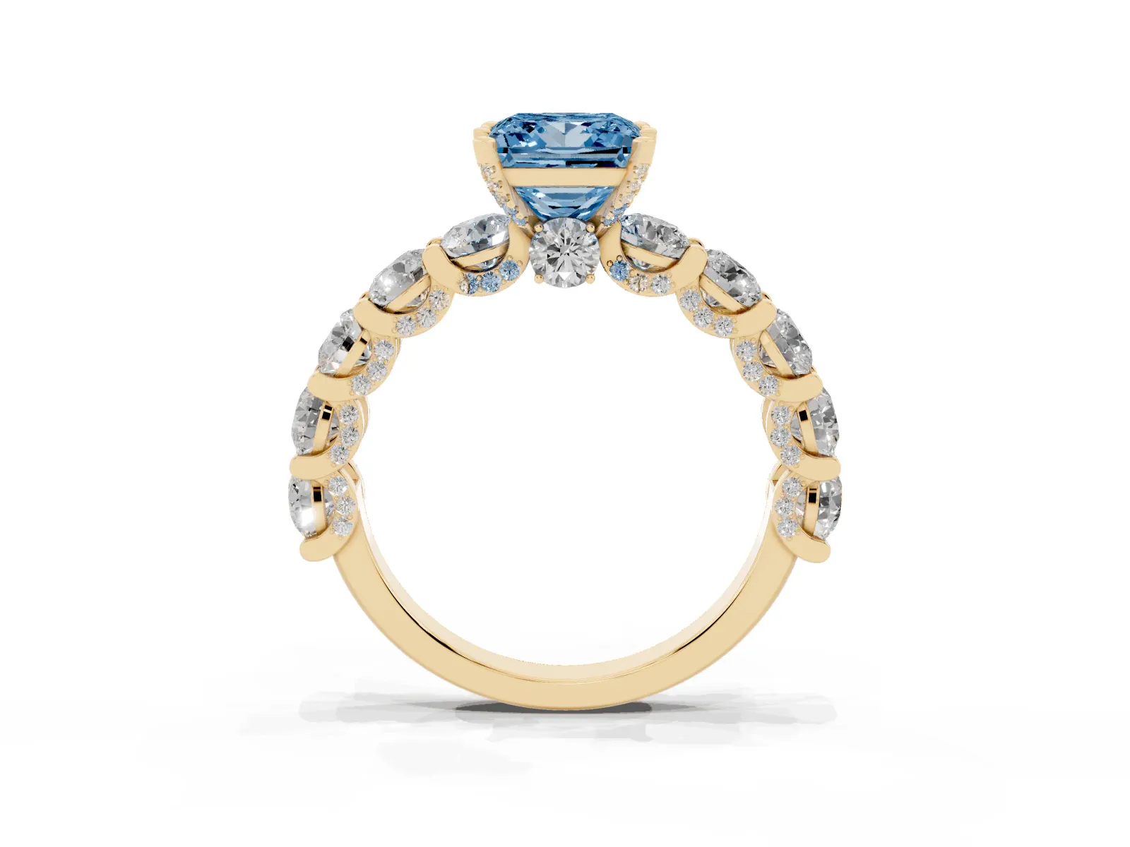 Fancy Blue Princess Cut Diamond Side Stone Engagement Ring with Four-Prong Setting Yellow gold