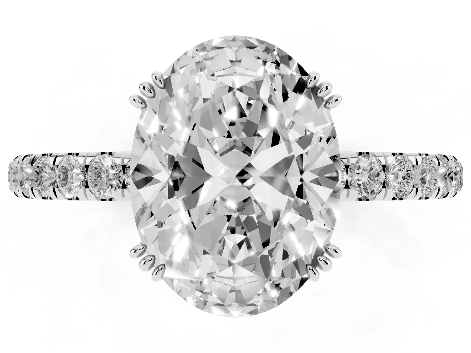 Oval Cut Brilliant Solitaire with Pavé Band and Claw Prong Setting Silver