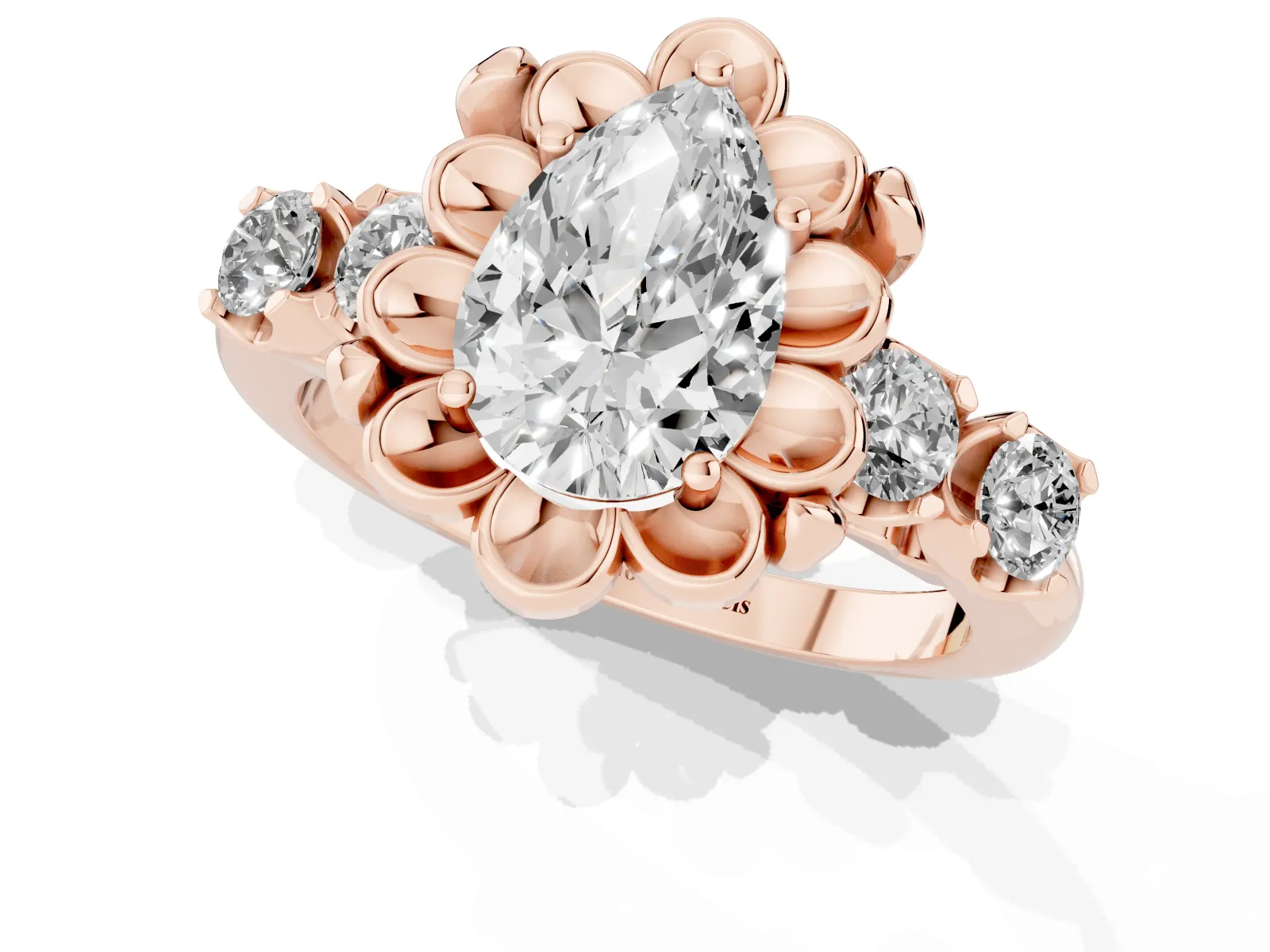 Pear Cut Cut Diamond Floral Halo Engagement Ring with Shared Prong Setting Rose gold