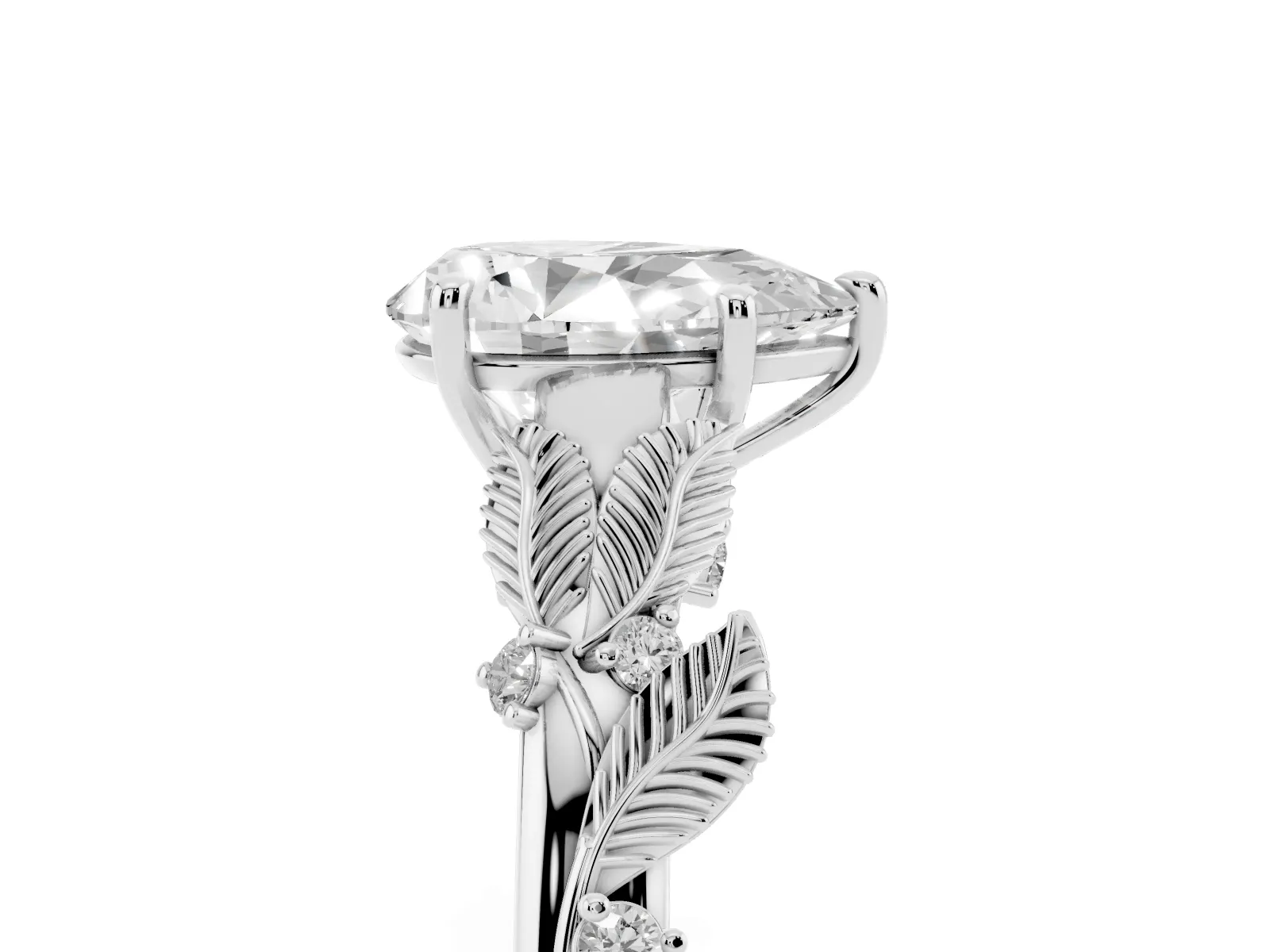 Pear Cut Diamond Solitaire Ring with Leaf Motif Band and Four-Prong Setting Platinum