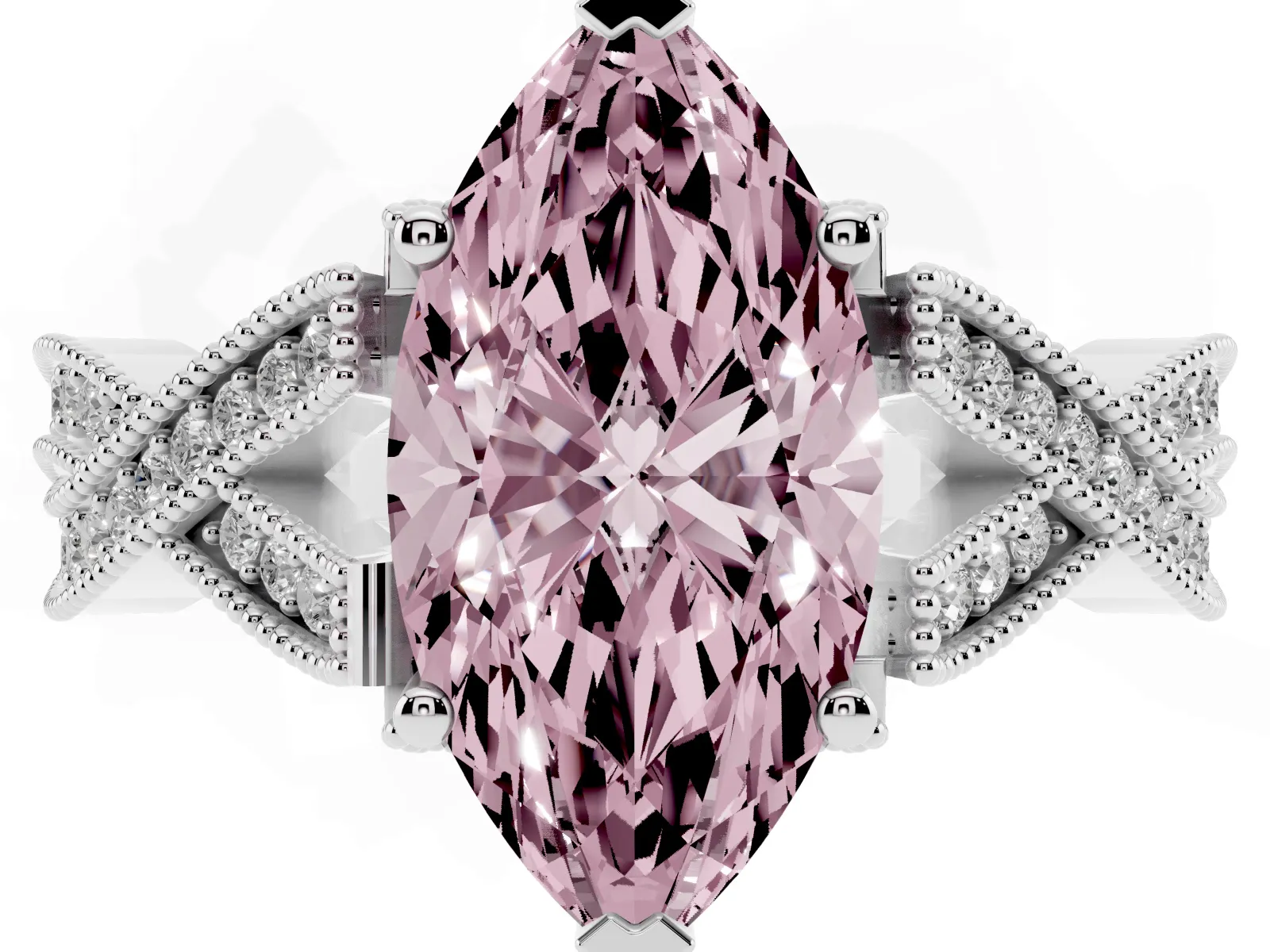 Fancy Pink Marquise Cut Cut Diamond Twisted Band with Milgrain Pave Setting and Four-Prong Setting Platinum