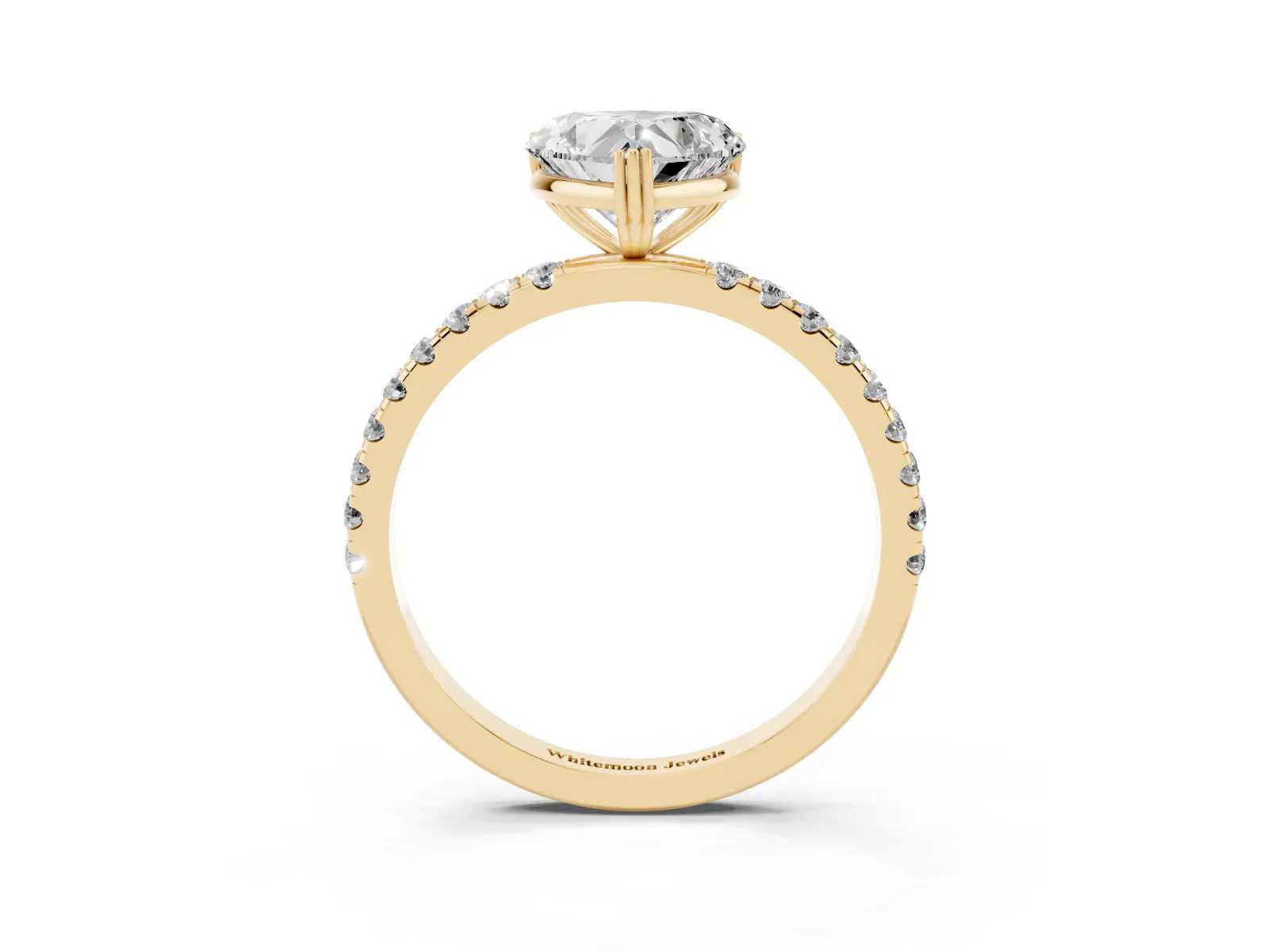 Heart Cut Brilliant Solitaire with Pavé Band and Claw Prong Setting Yellow gold