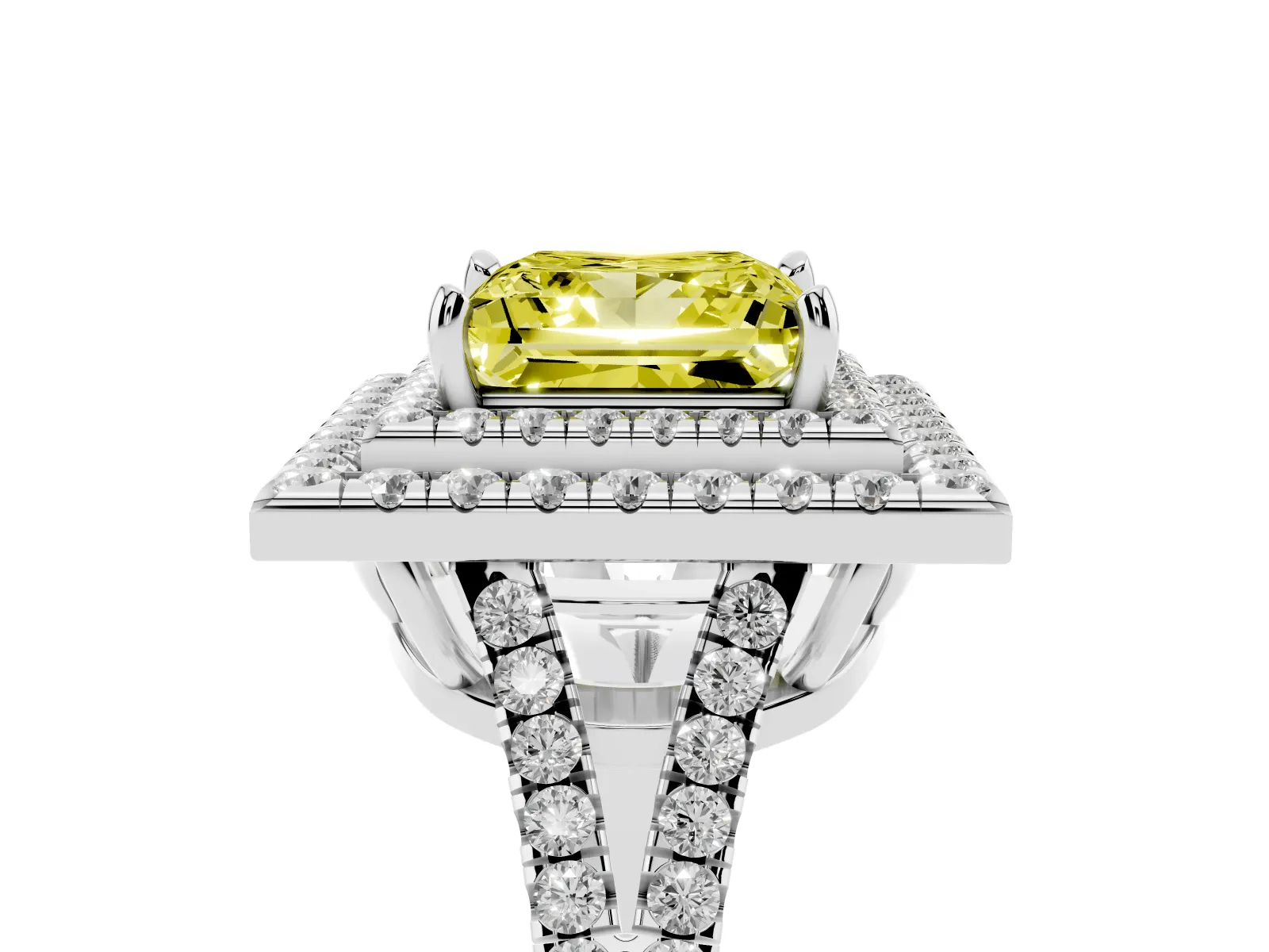 Fancy Yellow Princess Cut Diamond Double Halo Ring with Pavé Band and Prong Setting Platinum