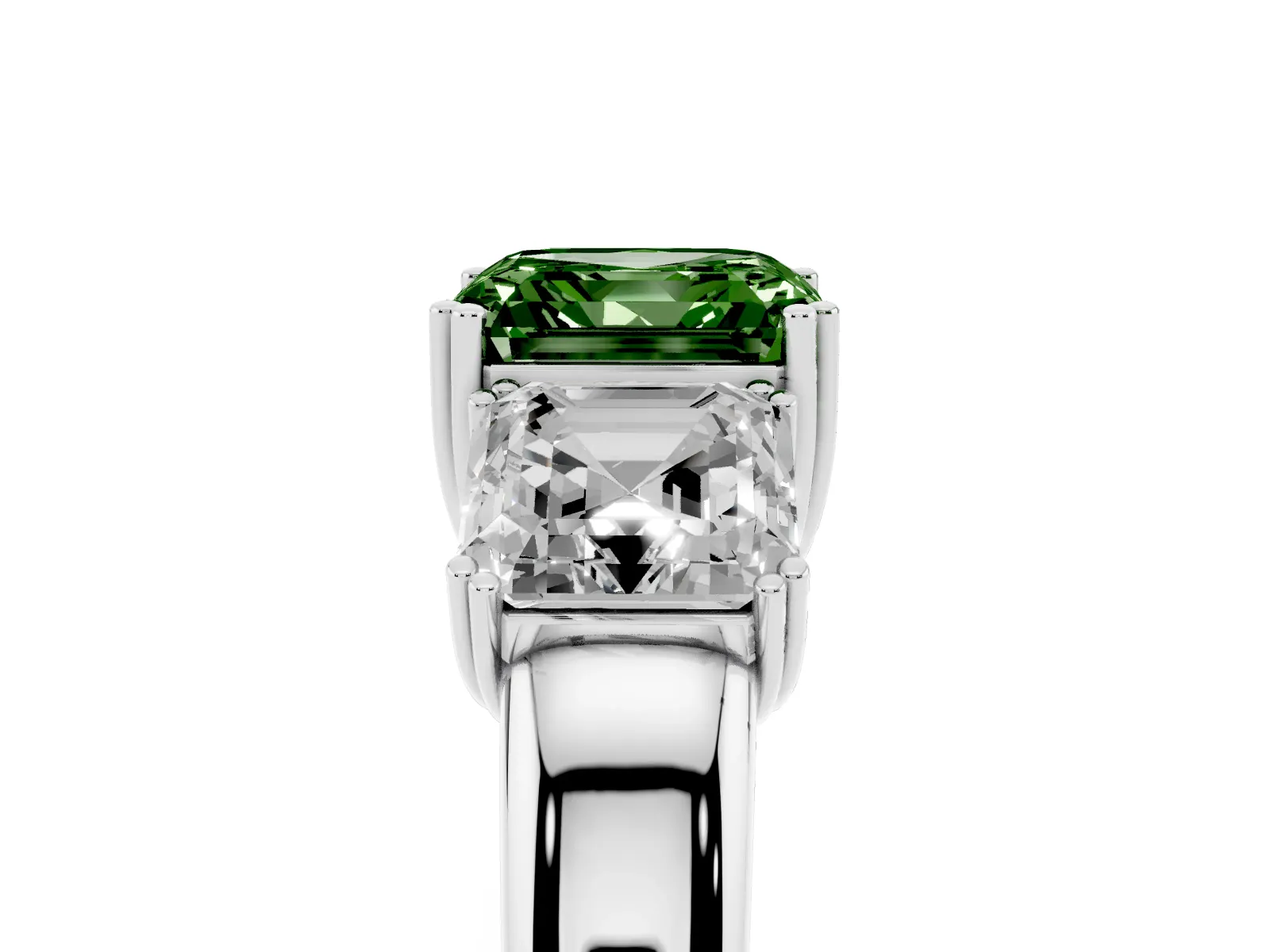Fancy Green Three-Stone Asscher Cut Cut Diamond Ring with Channel Set Band and Four-Prong Setting White gold