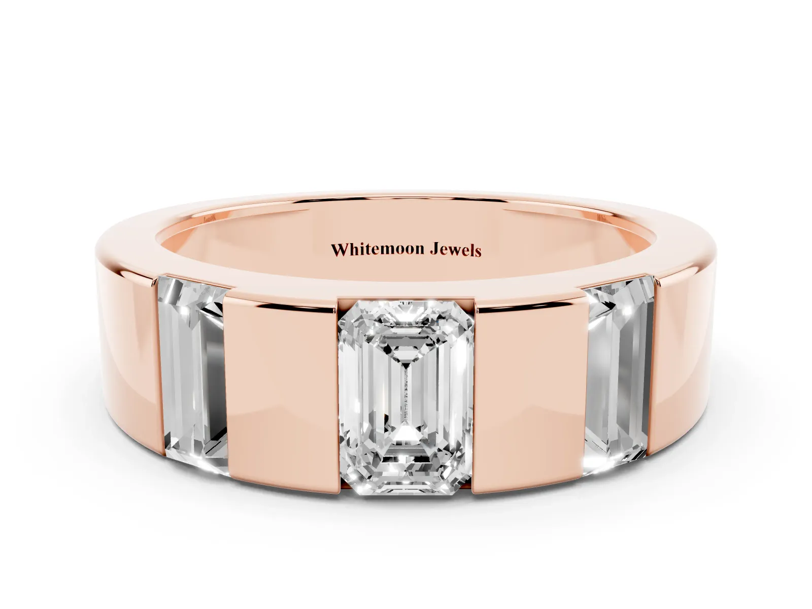 Emerald Cut Diamond Three-Stone Mens Ring with Baguette Side Stones Rose gold