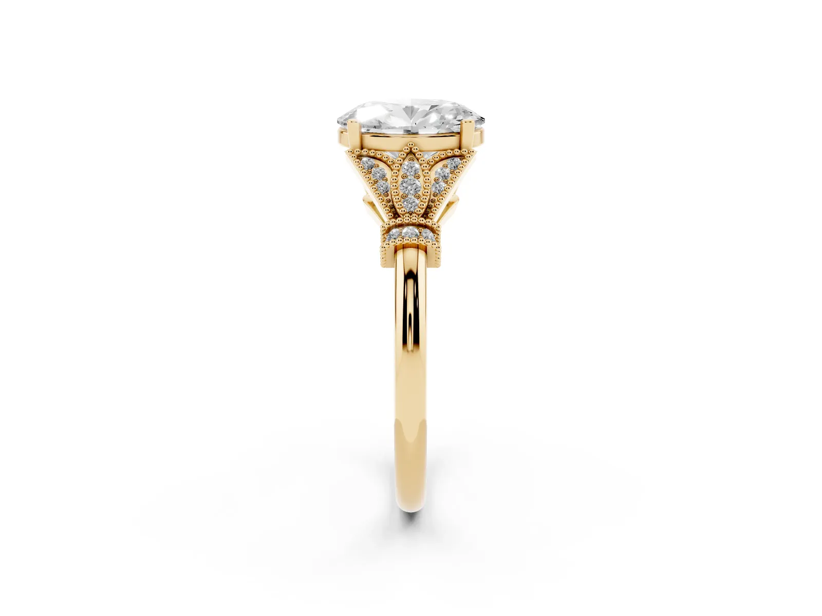 Oval Cut Diamond Solitaire Ring with Floral Filigree and Pave Accents Yellow gold