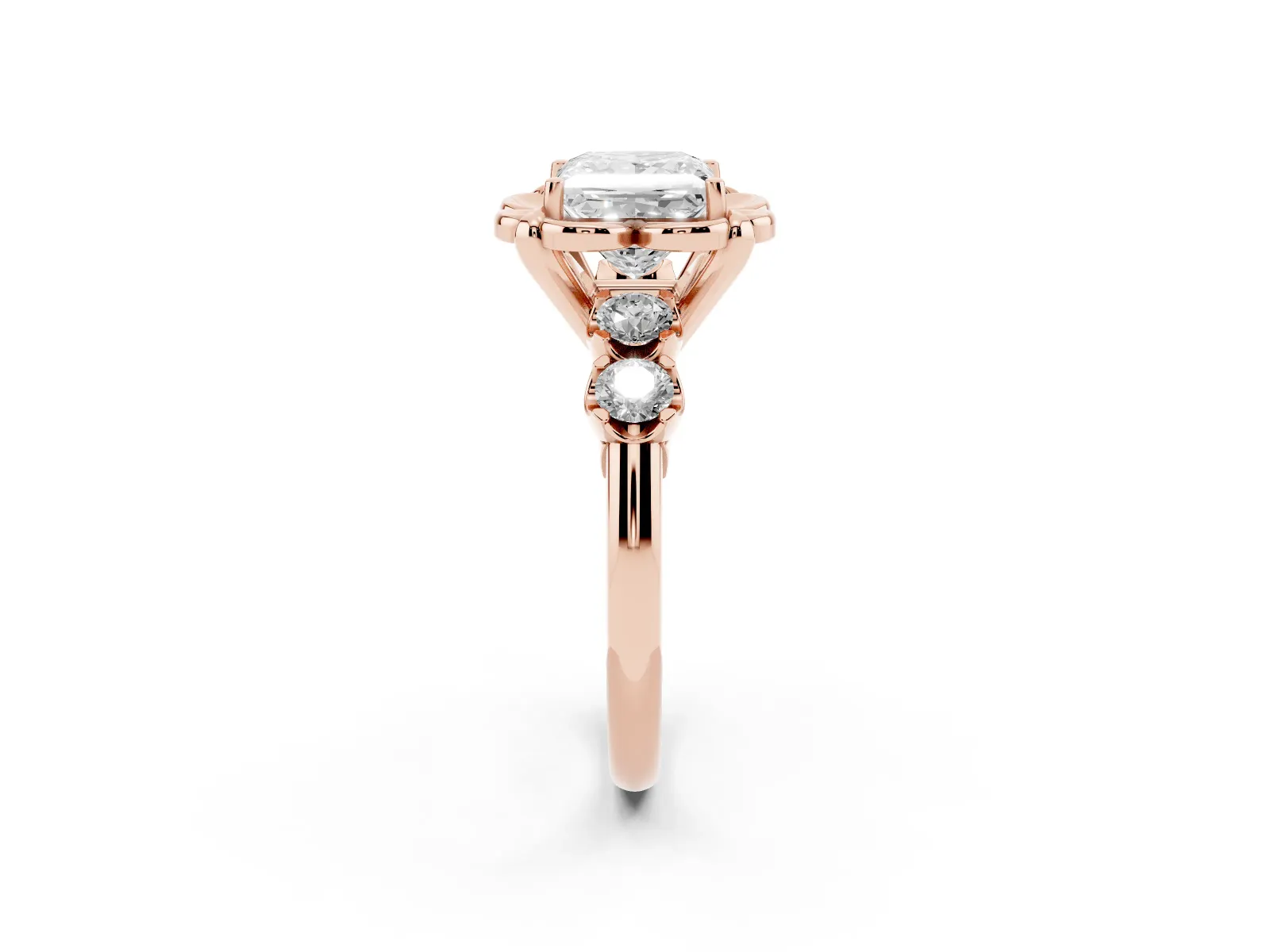 Princess Cut Cut Diamond Floral Halo Engagement Ring with Shared Prong Setting Rose gold