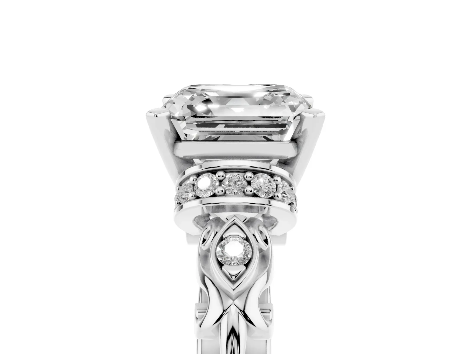 Asscher Cut Diamond Solitaire Ring with Filigree Band and Four-Prong Setting Platinum