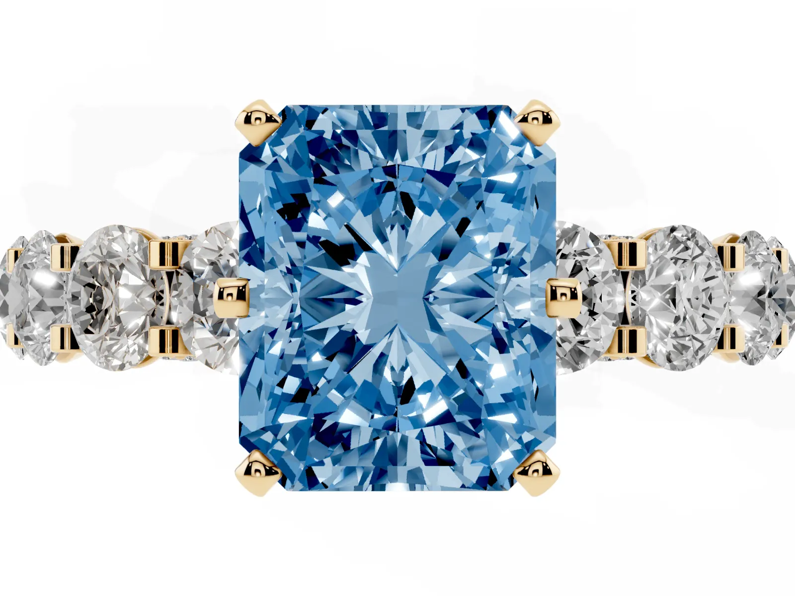 Fancy Blue Radiant Cut Diamond Side Stone Engagement Ring with Four-Prong Setting Yellow gold