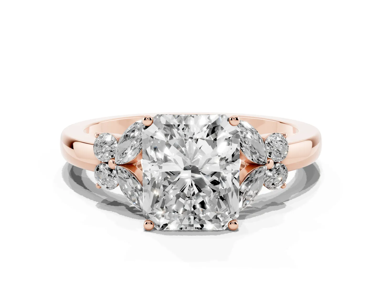 Radiant Cut Cut Solitaire Floral Diamond Ring with Four-Prong Setting Rose gold