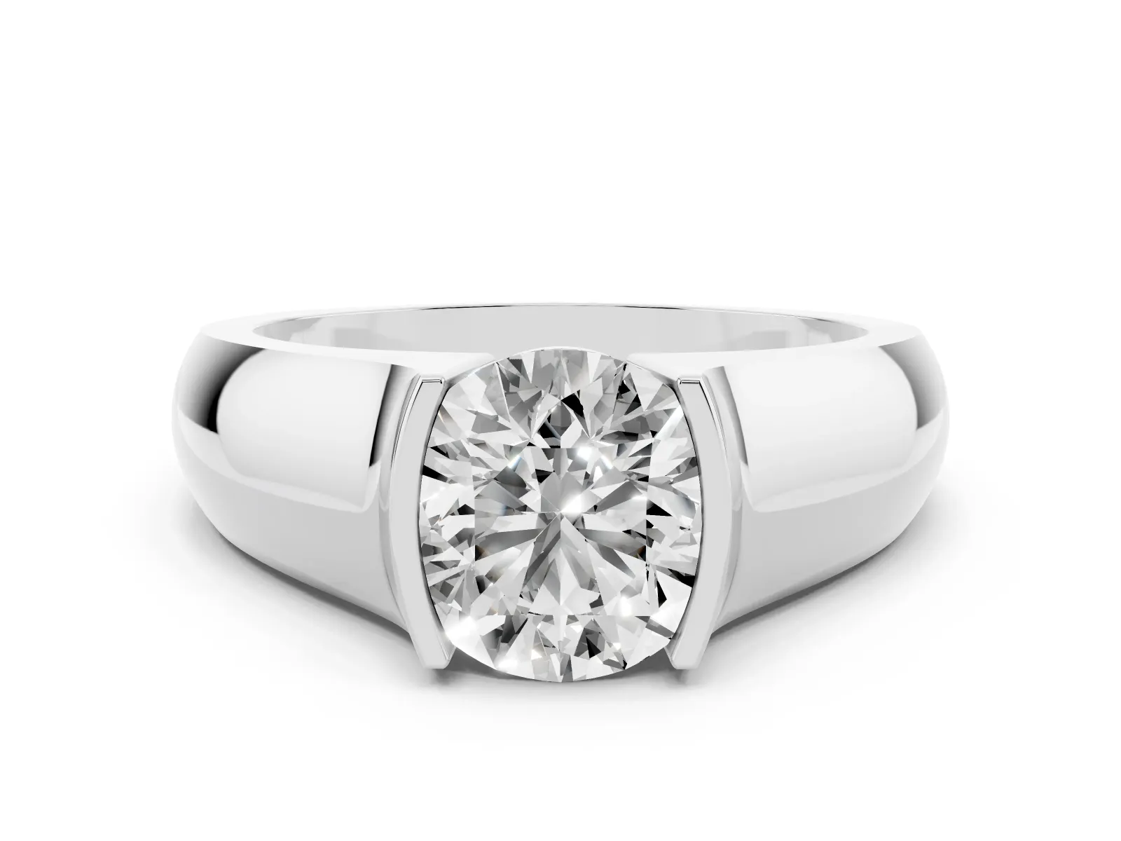 Round Cut Solitaire Bezel Set Diamond Ring with Wide Band Platinum