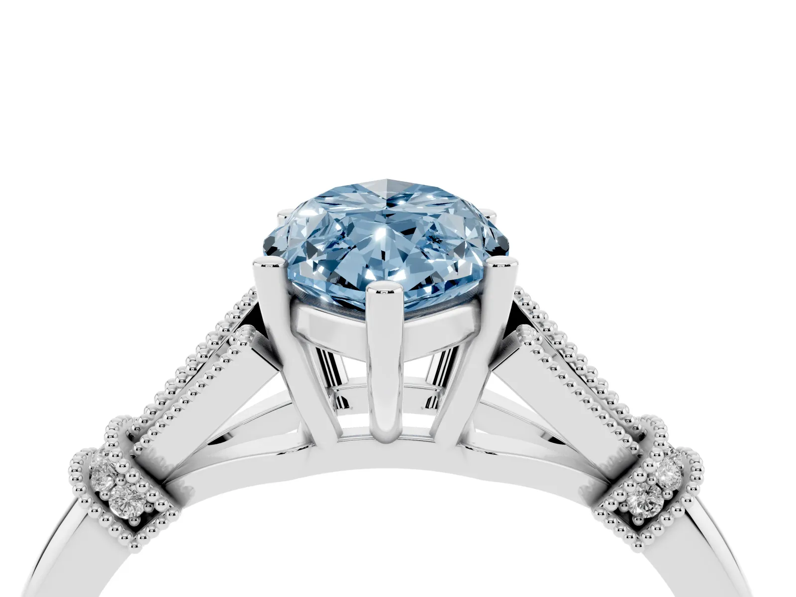 Fancy Blue Marquise Cut Diamond Solitaire Ring with Floral Filigree and Pave Accents Platinum