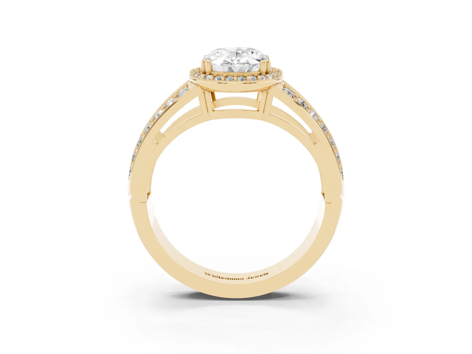 Oval Cut Diamond Halo Ring with Split Shank Pavé Band and Four-Prong Setting Yellow gold