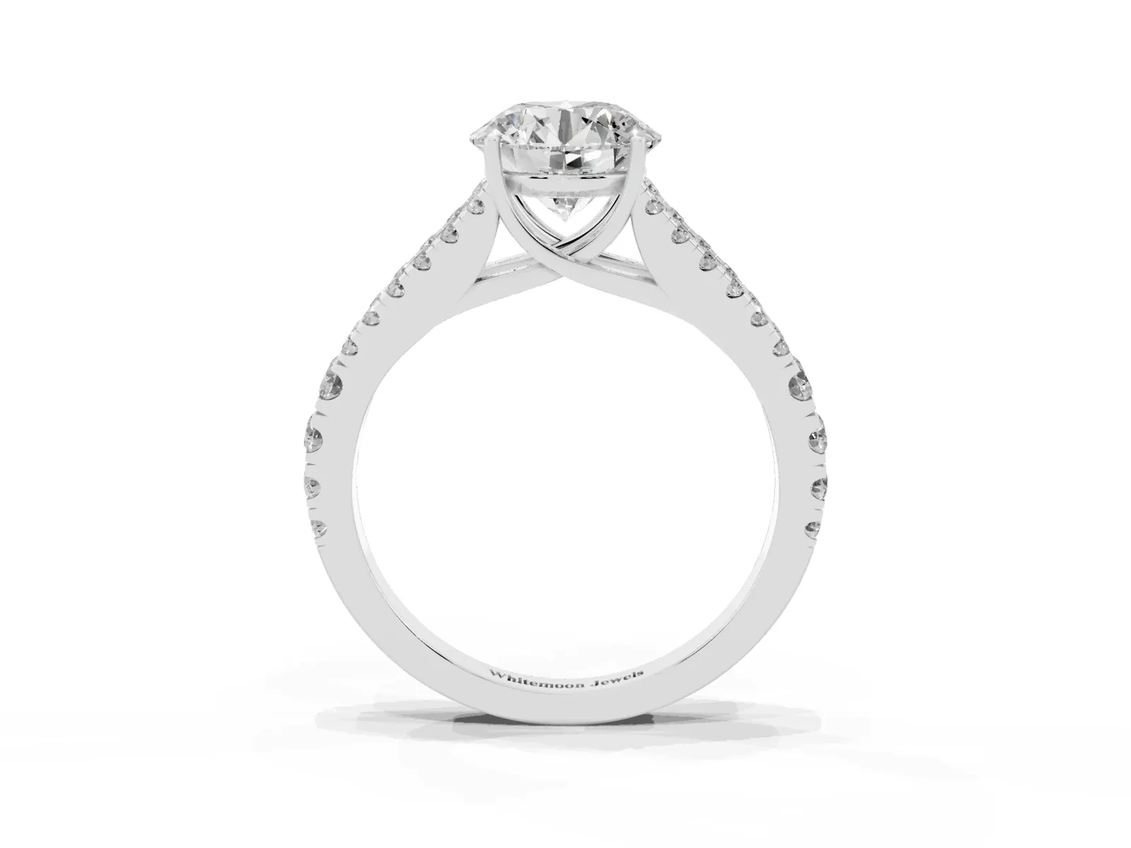 Round Cut Diamond Split Shank Engagement Ring with Round Pavé and Prong Setting White gold