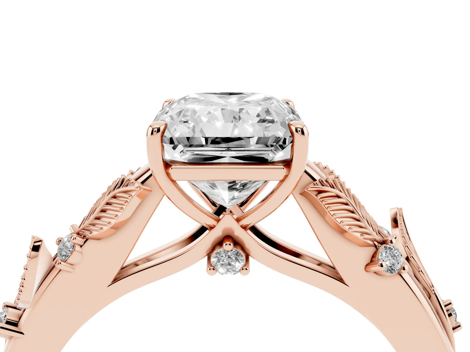 Radiant Cut Diamond Solitaire Ring with Leaf Motif Band and Four-Prong Setting Rose gold