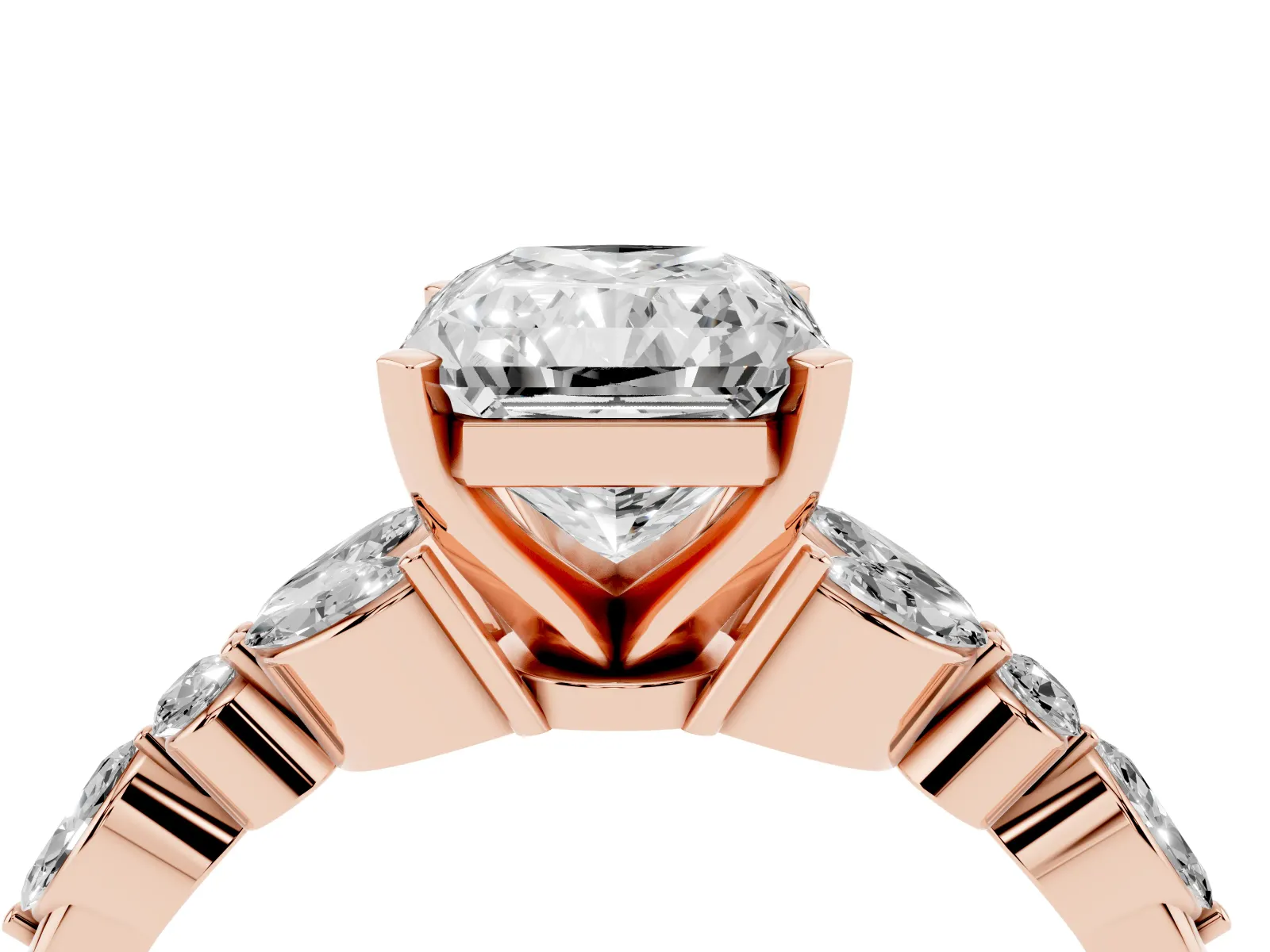 Radiant Cut Diamond Solitaire Ring with Side Stones and Four-Prong Setting Rose gold