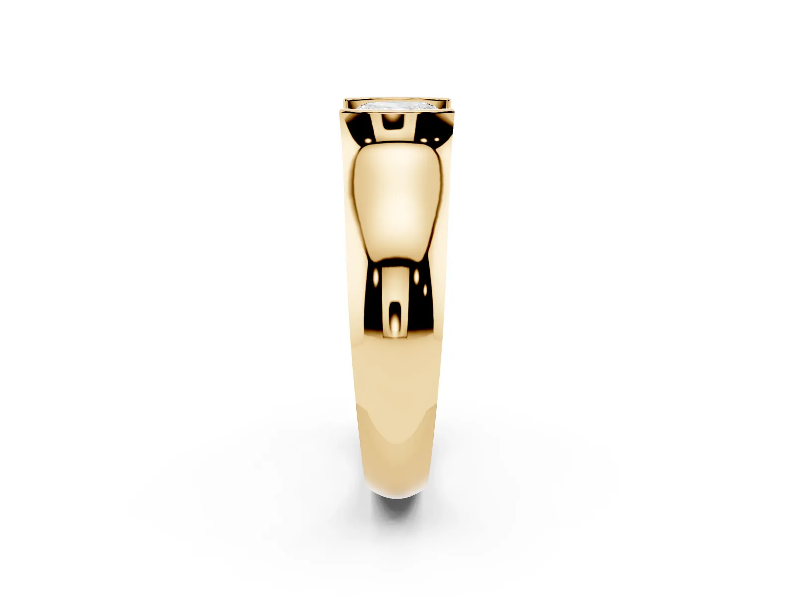 Cushion Cut Solitaire Bezel Set Diamond Ring with Wide Band Yellow gold