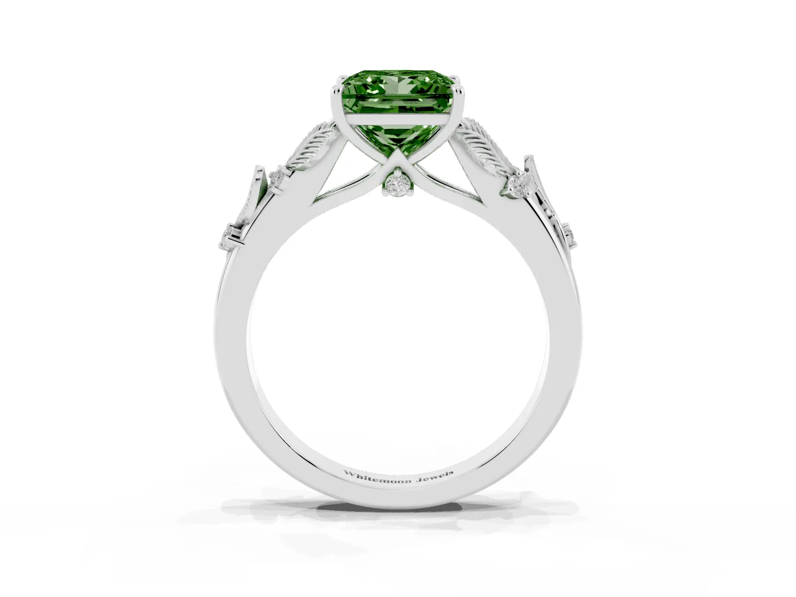 Fancy Green Princess Cut Diamond Solitaire Ring with Leaf Motif Band and Four-Prong Setting Platinum